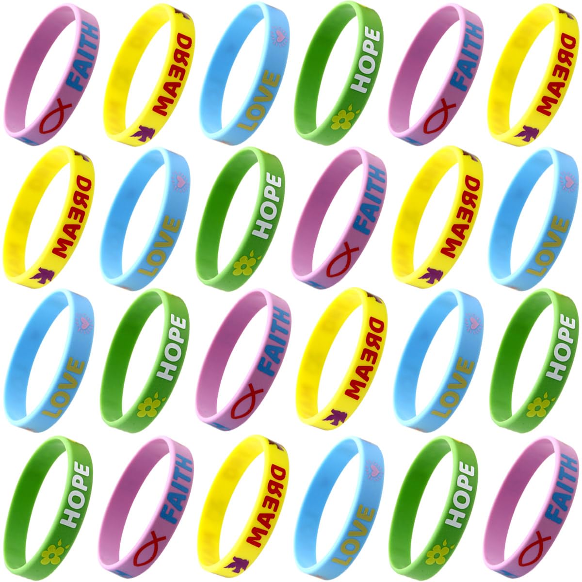 24 Inspirational Rubber Bracelets for Kids - Motivational Sayings (Faith, Hope, Love, Dream) - Easter Wristbands for Girls & Boys - Perfect for Easter Gifts, Party Favors & Sunday School Rewards