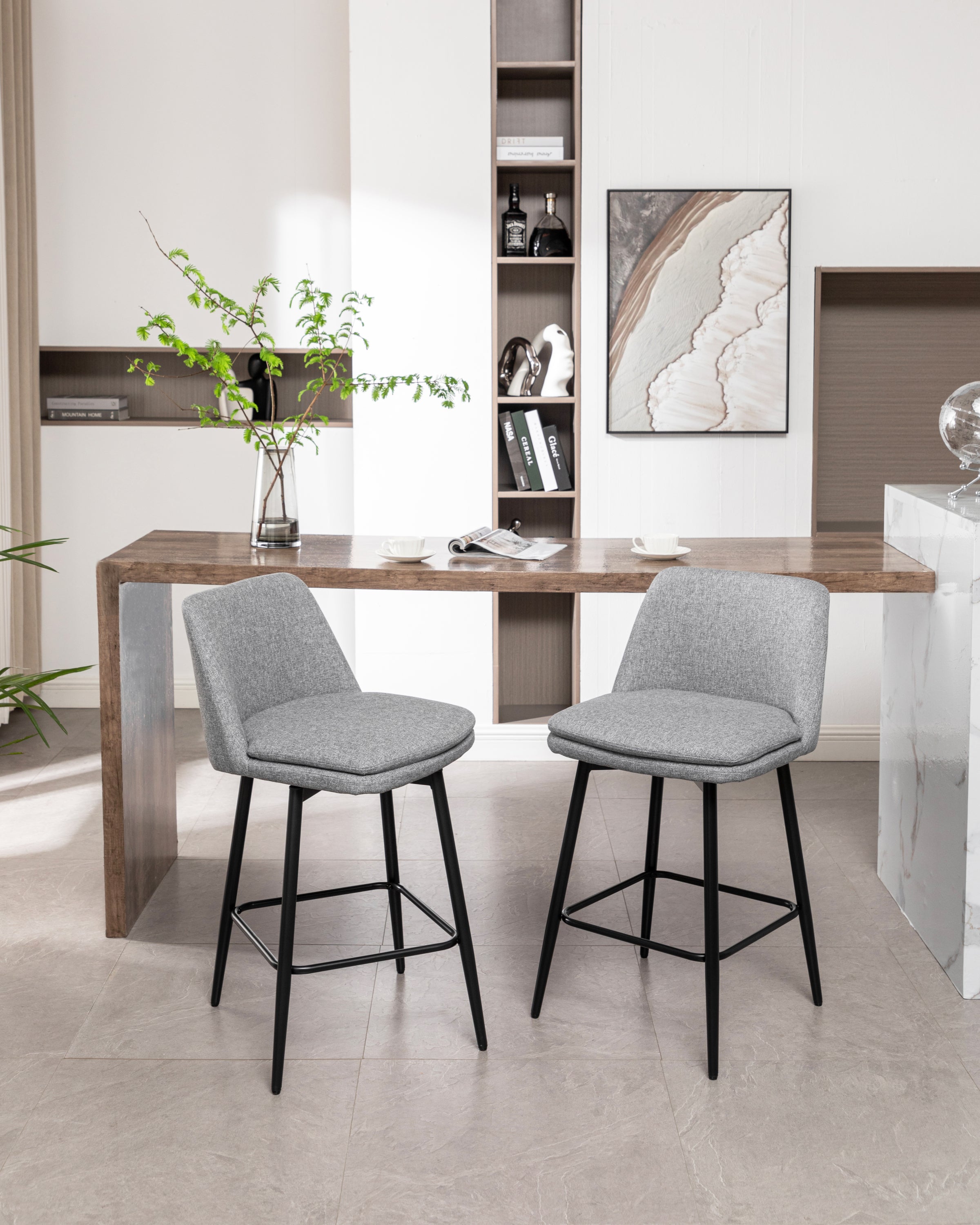 360° Swivel Counter Height Bar Stools Set of 2 - Upholstered with Back Support & Sturdy Metal Legs, 25.6