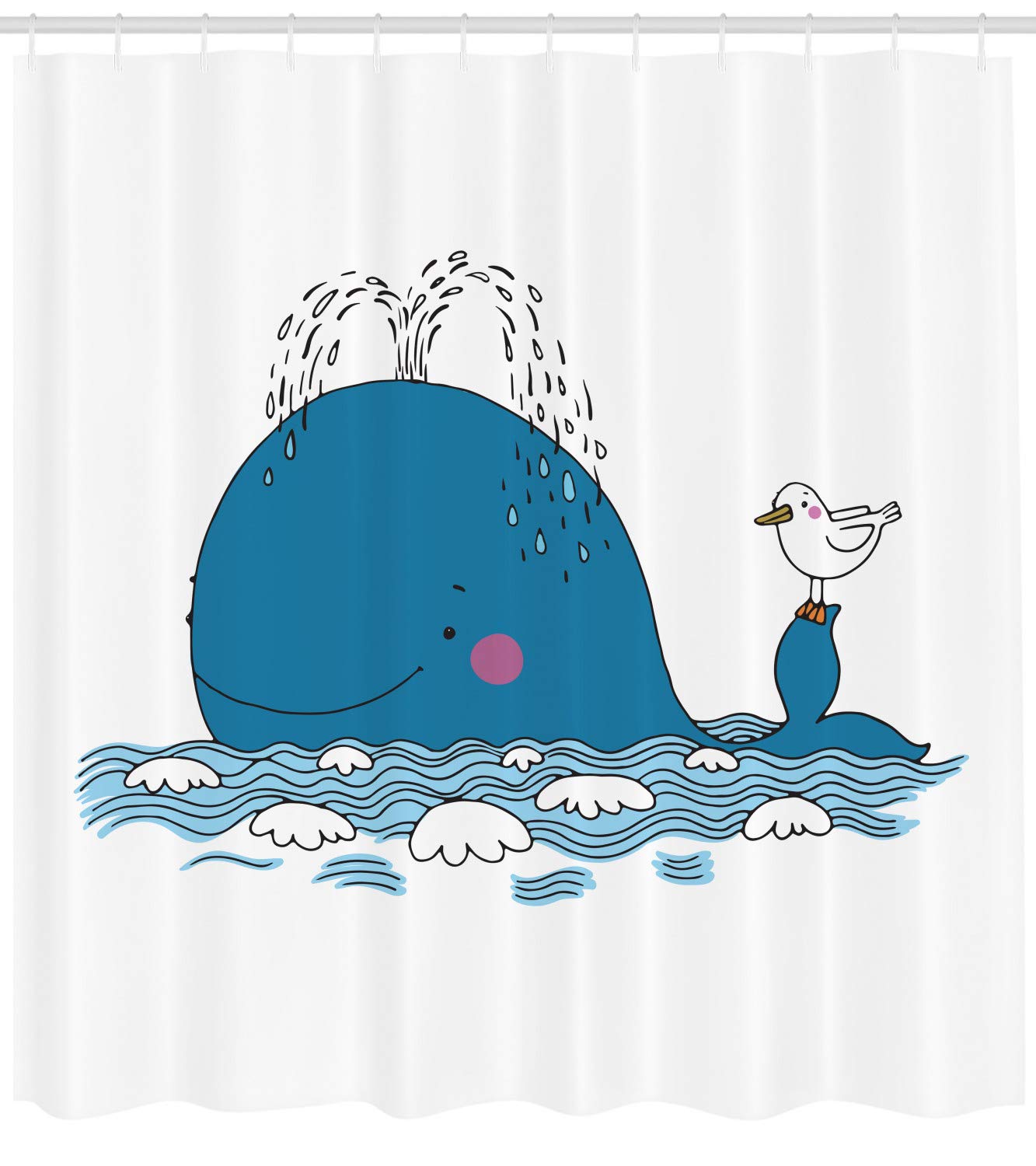 Ambesonne Whale Shower Curtain - Ocean Themed Bathroom Decor with Sea Mammal Caricature, Splashing Water & Seagull Design, 69x70 Inch Blue White Fabric Set with Hooks | Perfect for Beach House, Kids Bathroom or Nautical Theme Decor