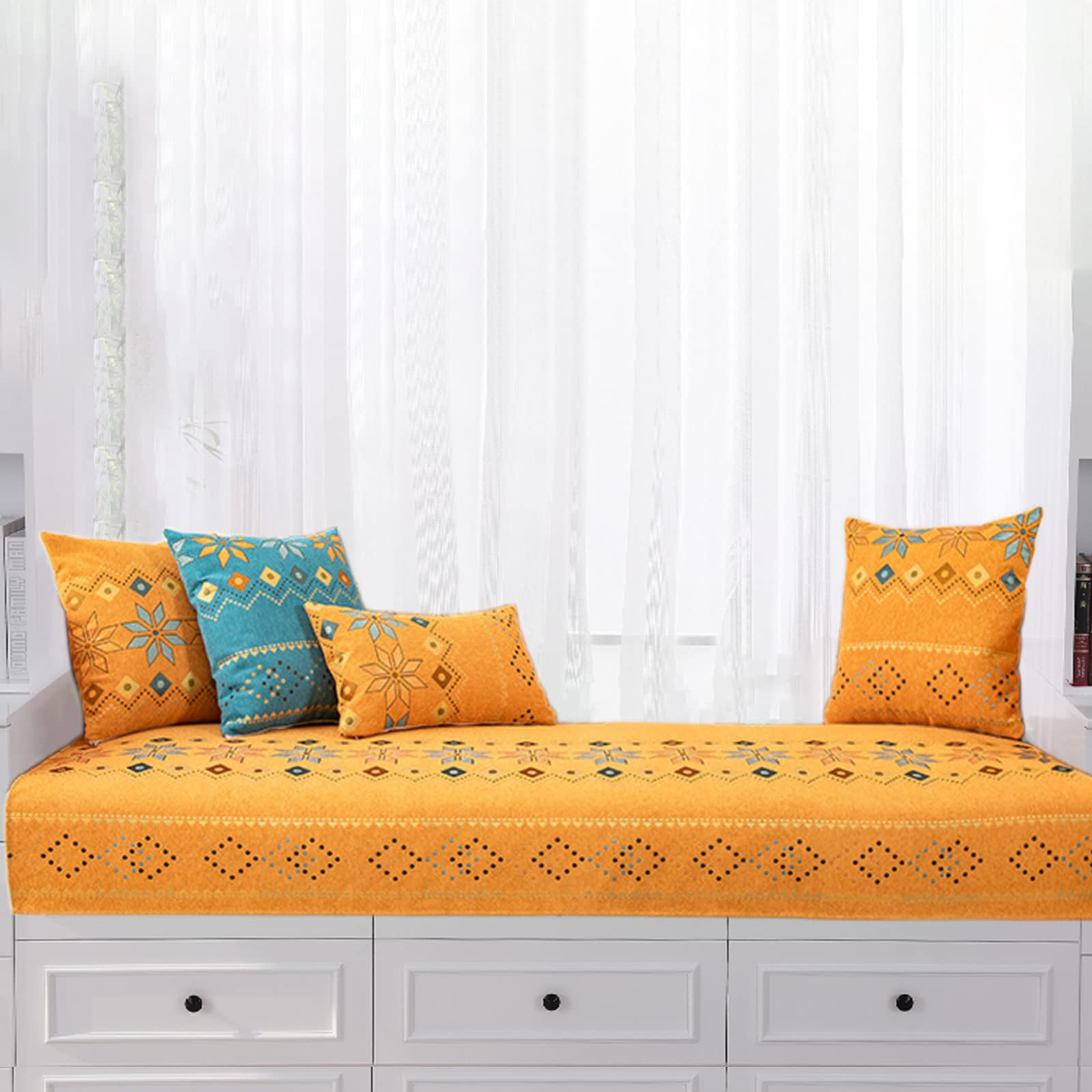 Boho Bay Window Cushion Pad - Non-Slip Chenille Window Seat Mat for Indoor Sofa, Bench & Windowsill - Bohemian Home Decor for Bedroom, Living Room & Reading Nook - Perfect for Cozy Reading, Relaxing & Sunbathing by the Window