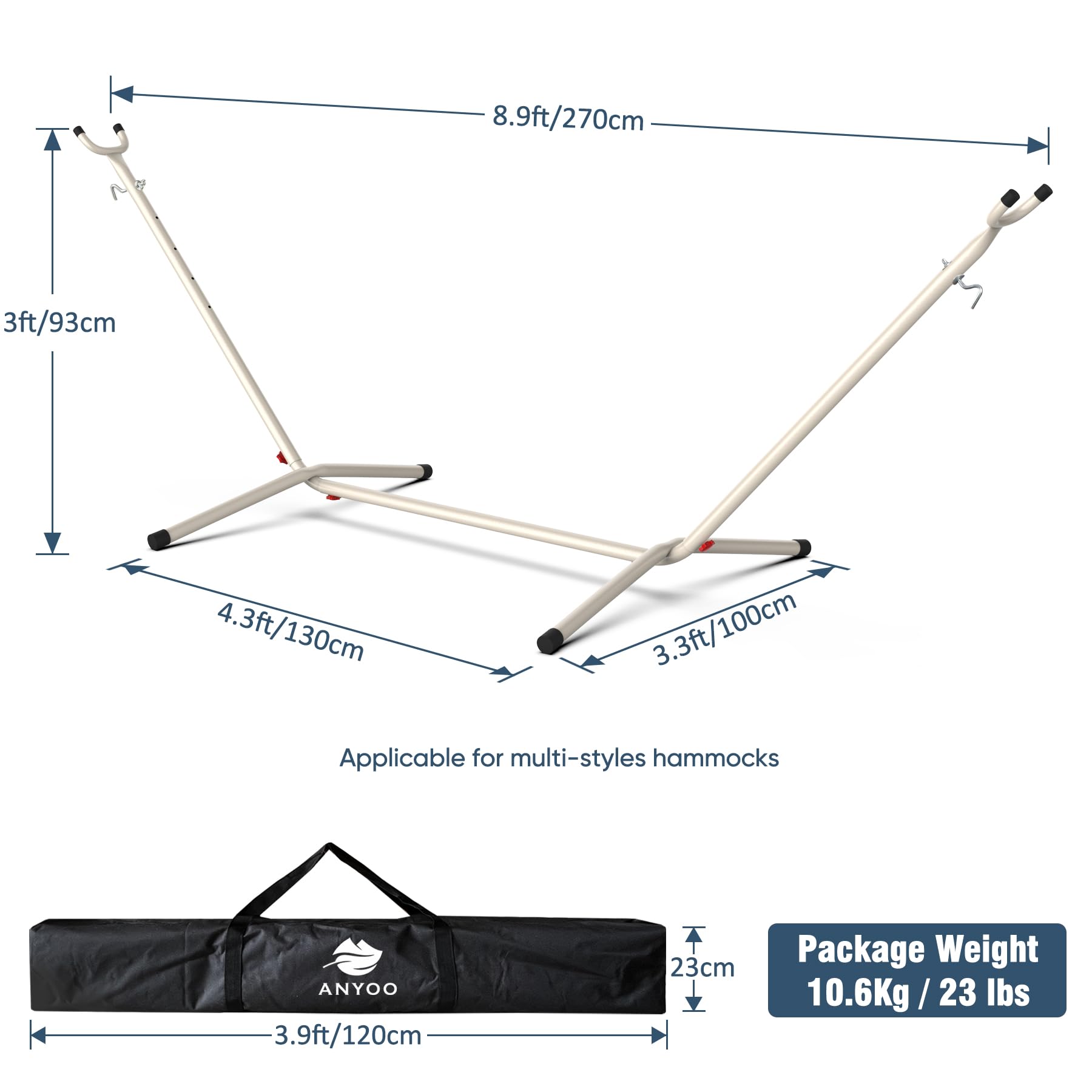Anyoo Heavy Duty Portable Hammock Stand - 550 lb Capacity Steel Frame with Carrying Bag, Easy to Assemble for Indoor & Outdoor Use - Perfect for Backyard, Garden, Camping and Patio Relaxation