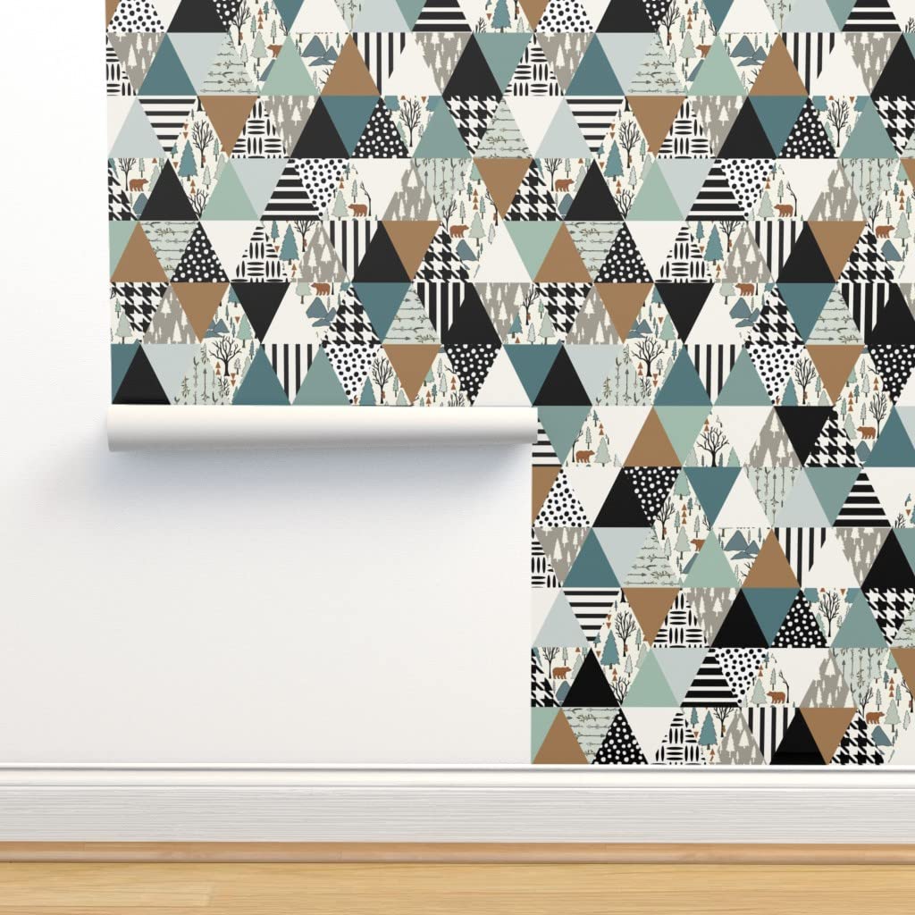 Premium Commercial Grade Wallpaper Roll - 27ft x 2ft Bear Forest Triangle Pattern in Sage Black | Traditional Peel & Stick Wallpaper for Living Room, Bedroom, Nursery by Spoonflower