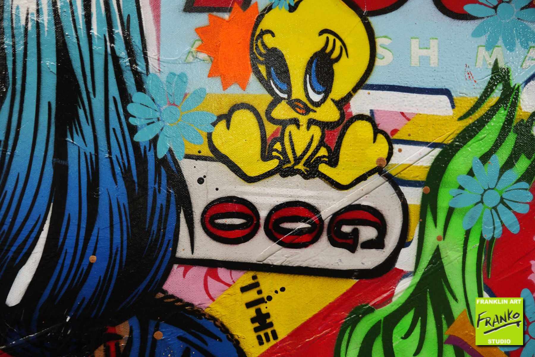 Harley Quinn and Tweety Bird Textured Urban Pop Art Painting - 140cm x 100cm Canvas Wall Decor for Living Room, Bedroom, or Office - Unique Superhero Artwork for DC Comics Fans