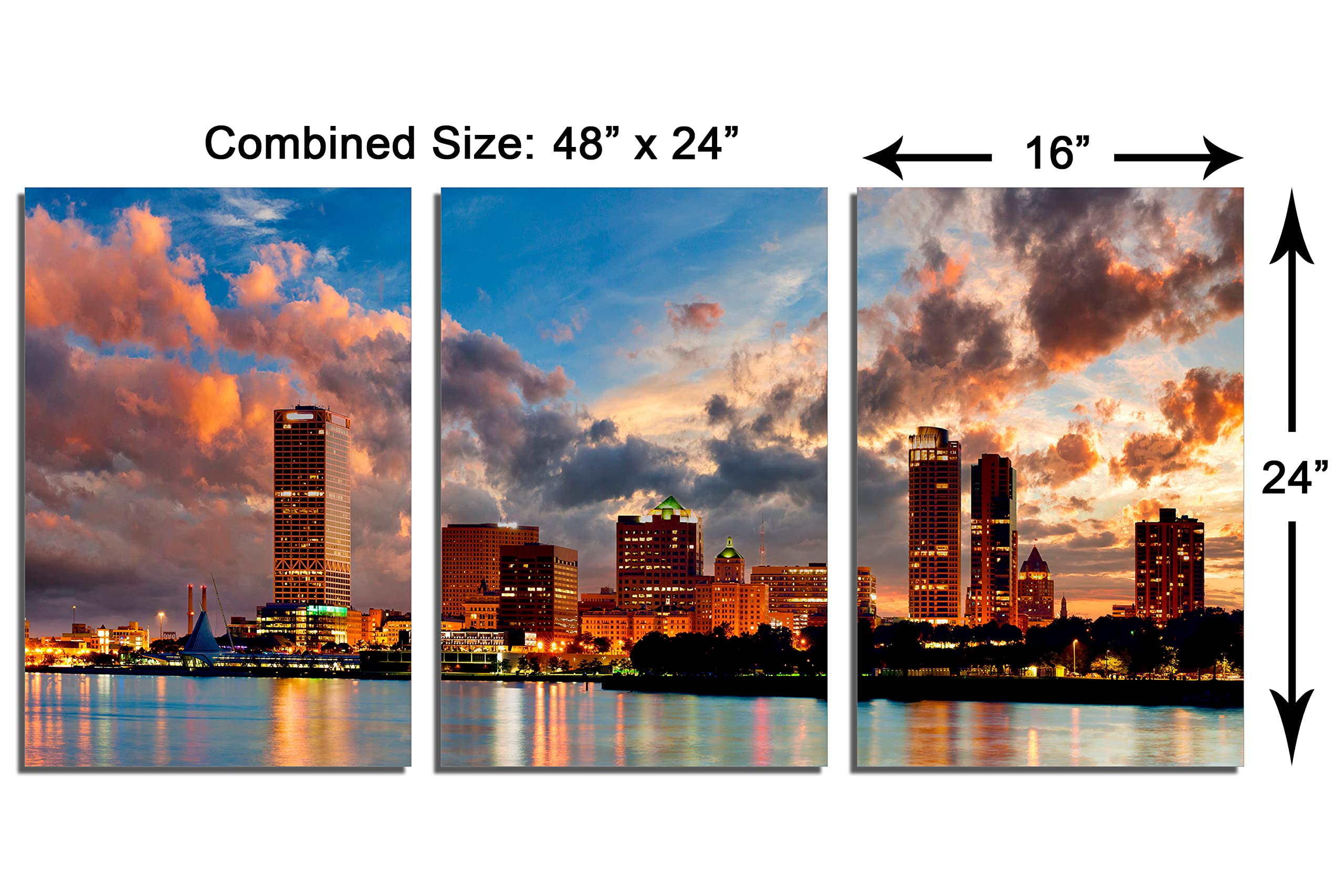 Milwaukee Skyline Wall Art - 48 x 24 Inch 3 Panel Split Canvas Metal Print | Wisconsin Cityscape Decor for Home & Office | Perfect Living Room, Bedroom or Office Wall Decor