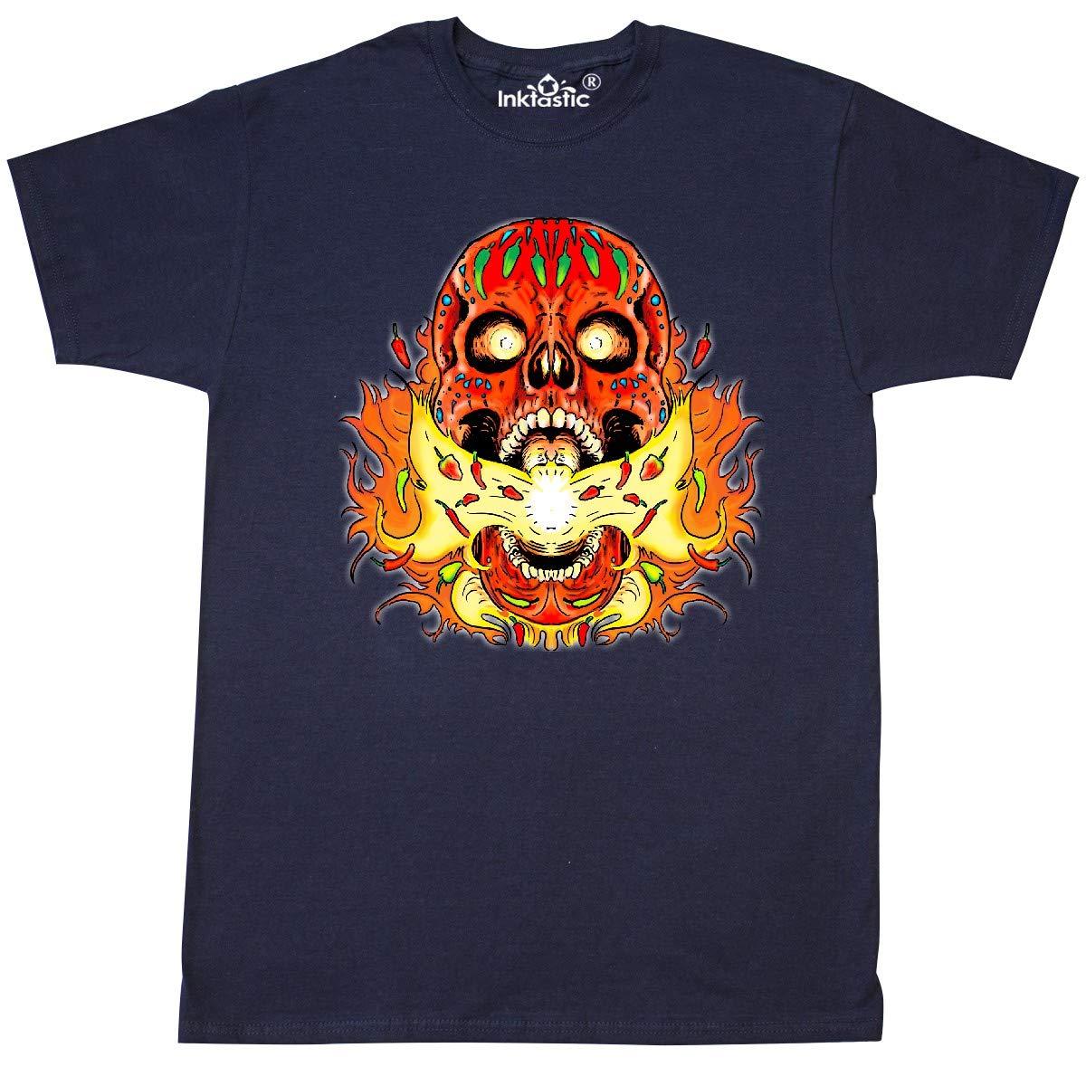 Inktastic Fire Breathing Pepper Skull Graphic T-Shirt for Men & Women | Cool Skull Print Tee | Perfect for Halloween, Concerts & Casual Wear
