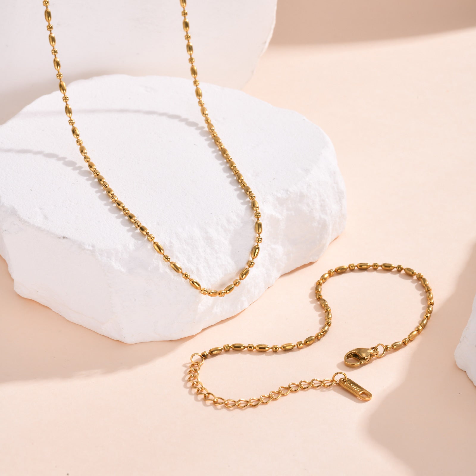 18K Gold Plated Minimalist Rice Beads Necklace & Bracelet Set - Elegant Jewelry Gift for Women | Perfect for Weddings, Parties & Everyday Wear (JDN982)