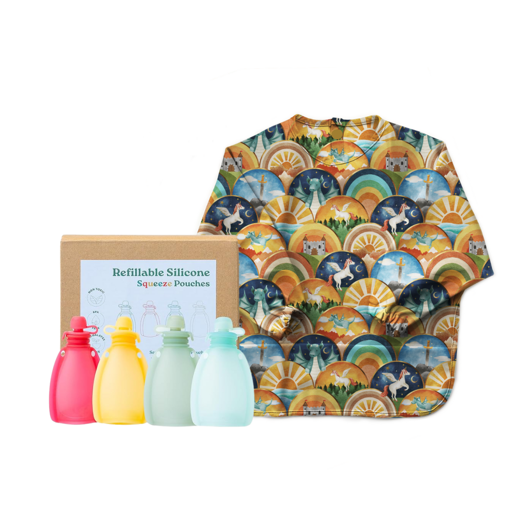 Baby Smock Bib with Reusable Food Pouches Set - Waterproof Feeding Bib & Spill-Proof Snack Bags for Toddlers, Infants & Kids - Perfect for Mealtime, Daycare & On-the-Go Snacking