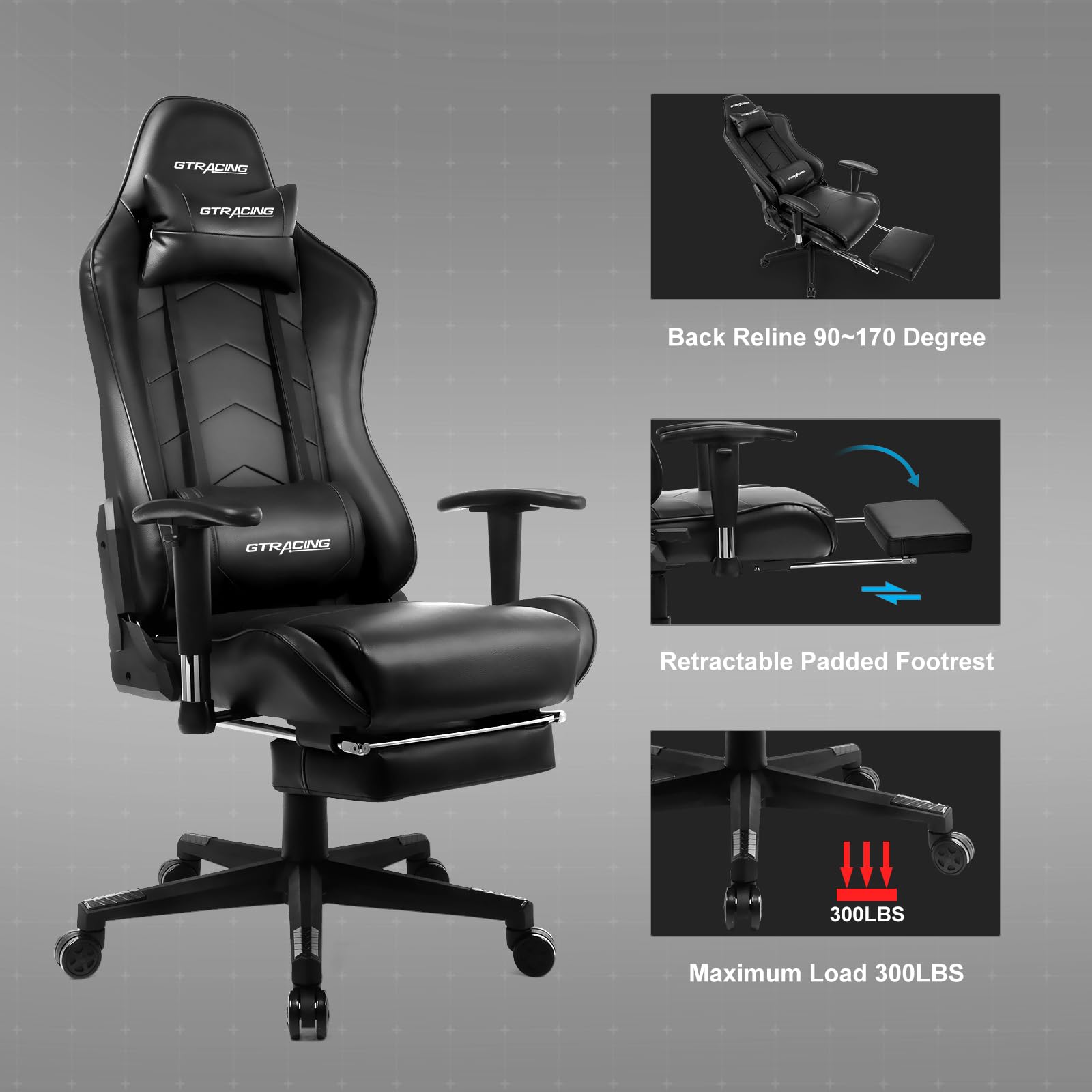 GTRACING Big and Tall Gaming Chair with Footrest - Adjustable Recliner Office Executive Chair with Headrest & Lumbar Support - Heavy Duty Ergonomic Desk Chair for PC Gamers & Home Office (Black) - Perfect for Esports, Streaming & Long Work Sessions