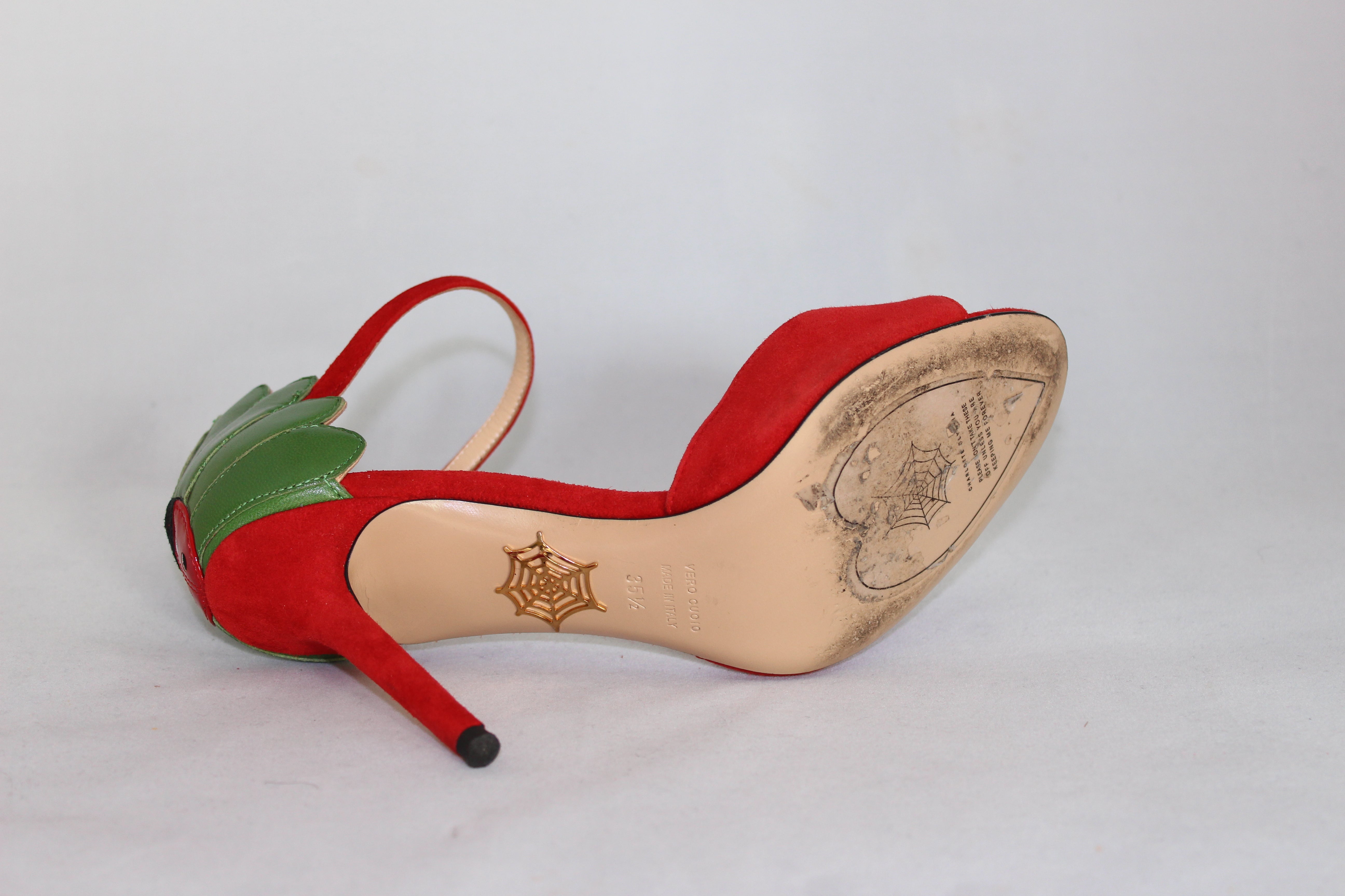 Charlotte Olympia Red Suede Sandals with Ladybug Detail - Size 36 | Elegant Summer Footwear for Weddings & Outdoor Events