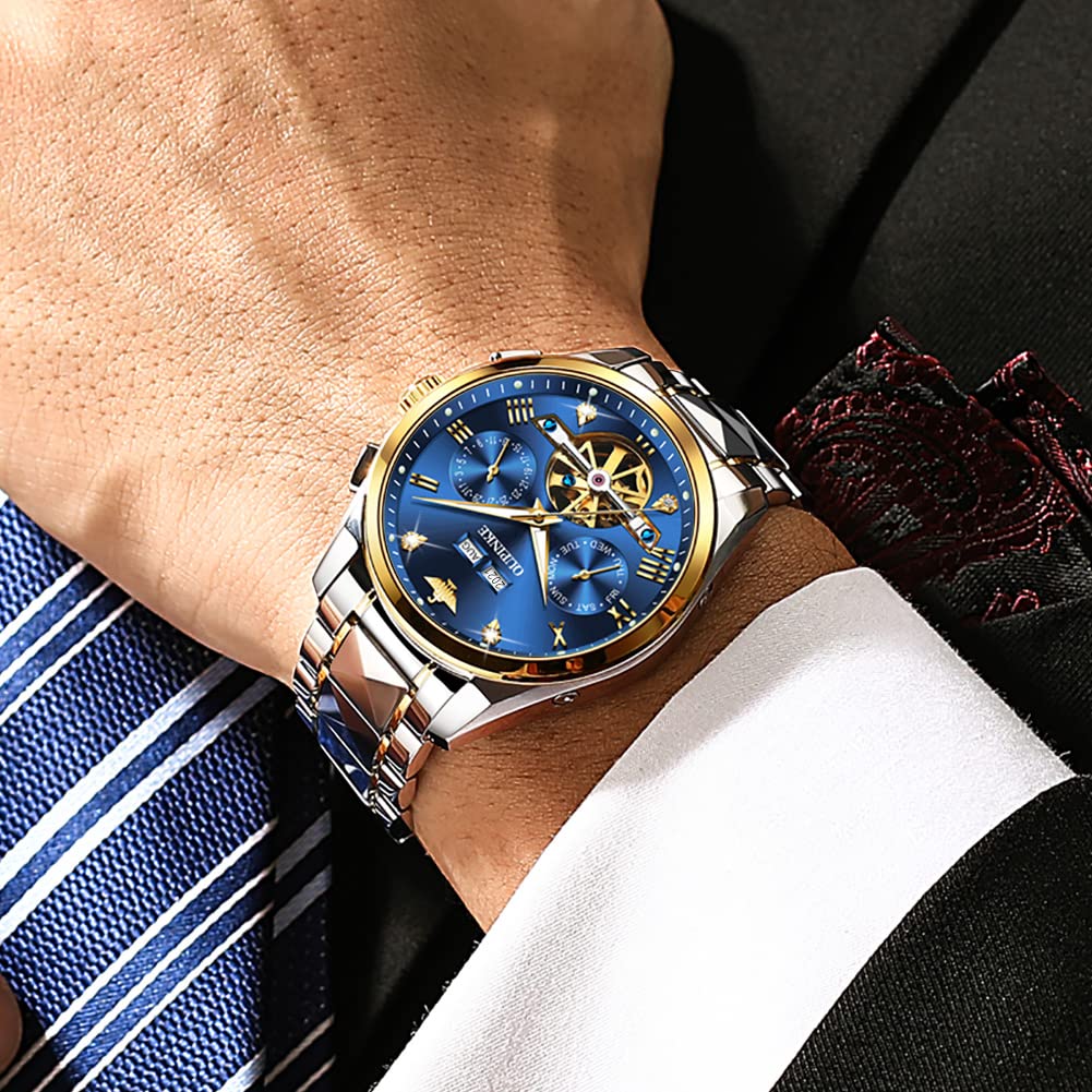 Premium Automatic Skeleton Self-Winding Dress Watch for Men - Business Waterproof Luminous Tungsten Steel Wristwatch | Perfect for Office, Formal Events & Special Occasions