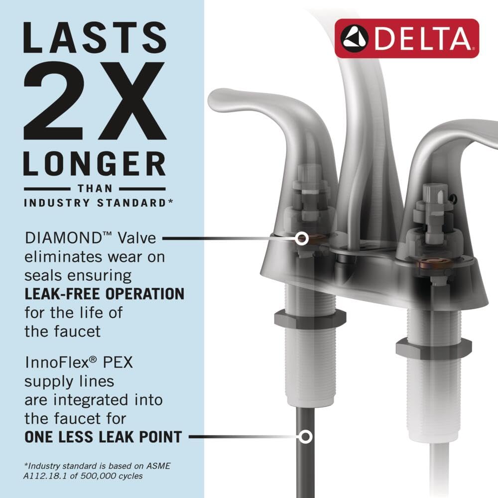 Delta Stryke Centerset Bathroom Faucet in Chrome - 2-Handle Bathroom Sink Faucet with Cross Handles, Diamond Seal Technology & Metal Drain Assembly (Model 257766-MPU-DST) - Perfect for Modern Bathroom Renovations and Guest Bathrooms