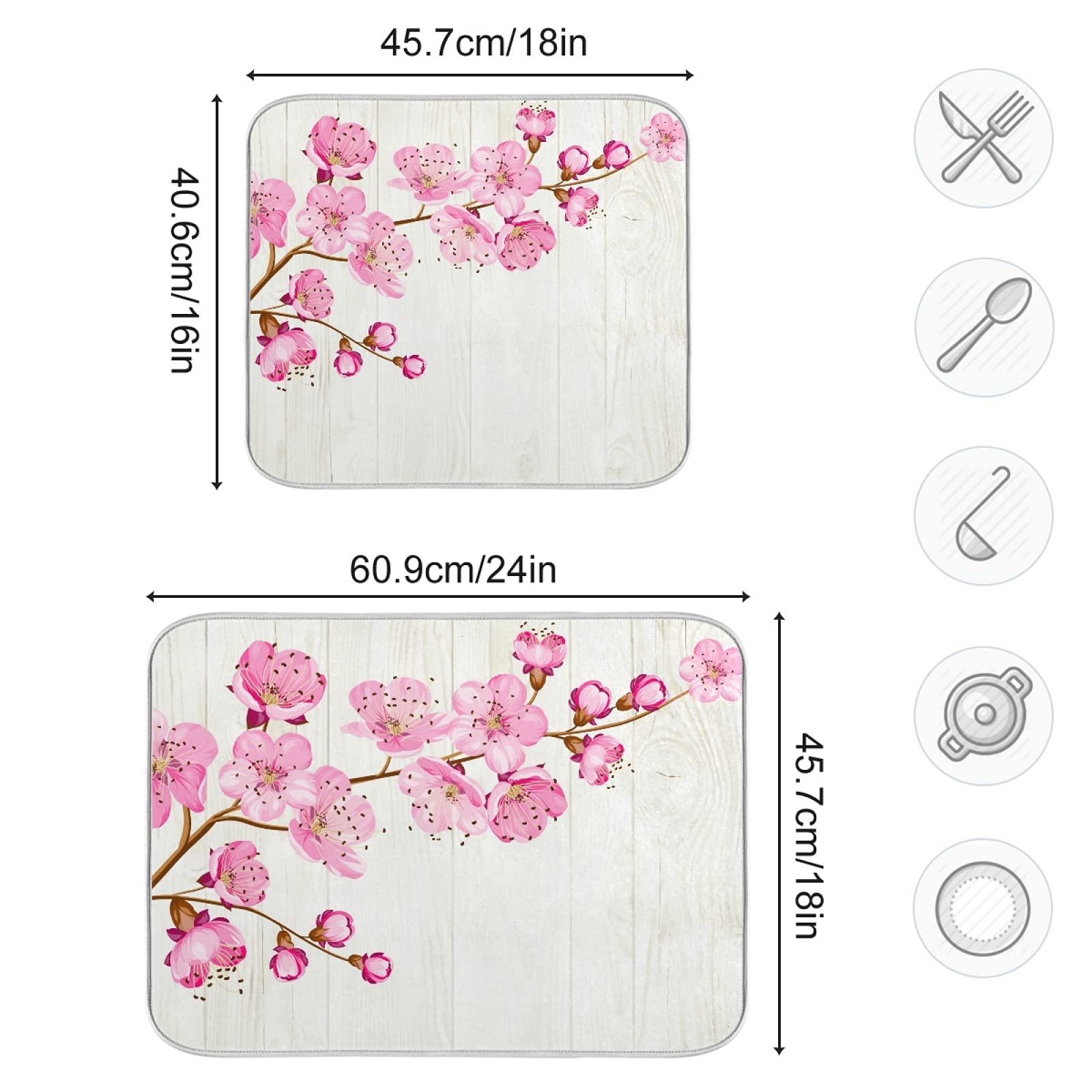Absorbent Microfiber Dish Drying Mat - 18x16 Inch Reversible Kitchen Counter Pad with Cute Pink Floral Design | Non-Slip Bottle & Dish Drainer for Countertops, Sinks & Drying Racks | Perfect for Kitchens, RVs & Small Spaces