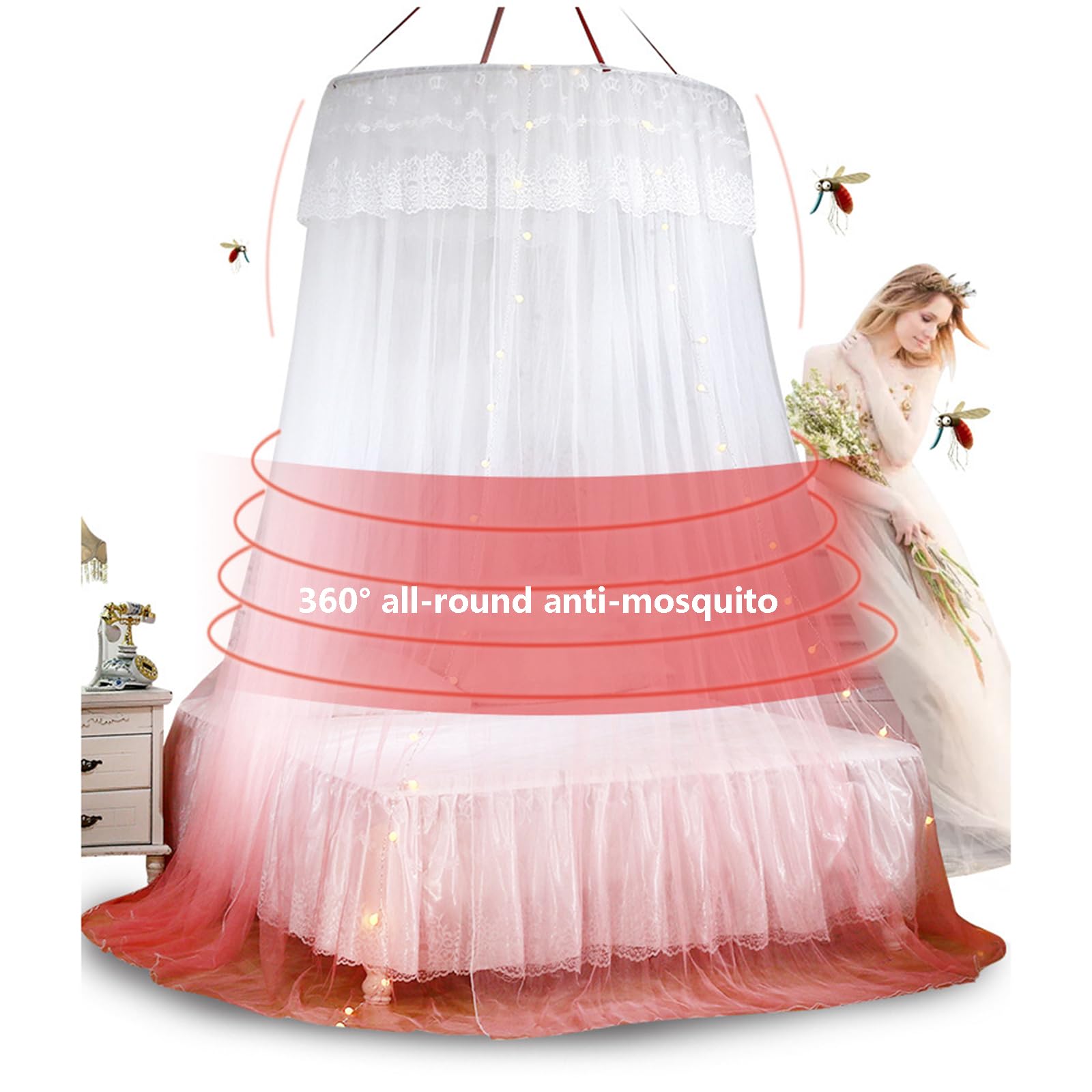 Walkervo Mosquito Net Bed Canopy with LED Lights - Dome Princess Bed Tent with Round Lace Design, Hanging Mosquito Net for Double/Single Beds (Purple) - Perfect for Kids' Rooms, Camping & Outdoor Adventures