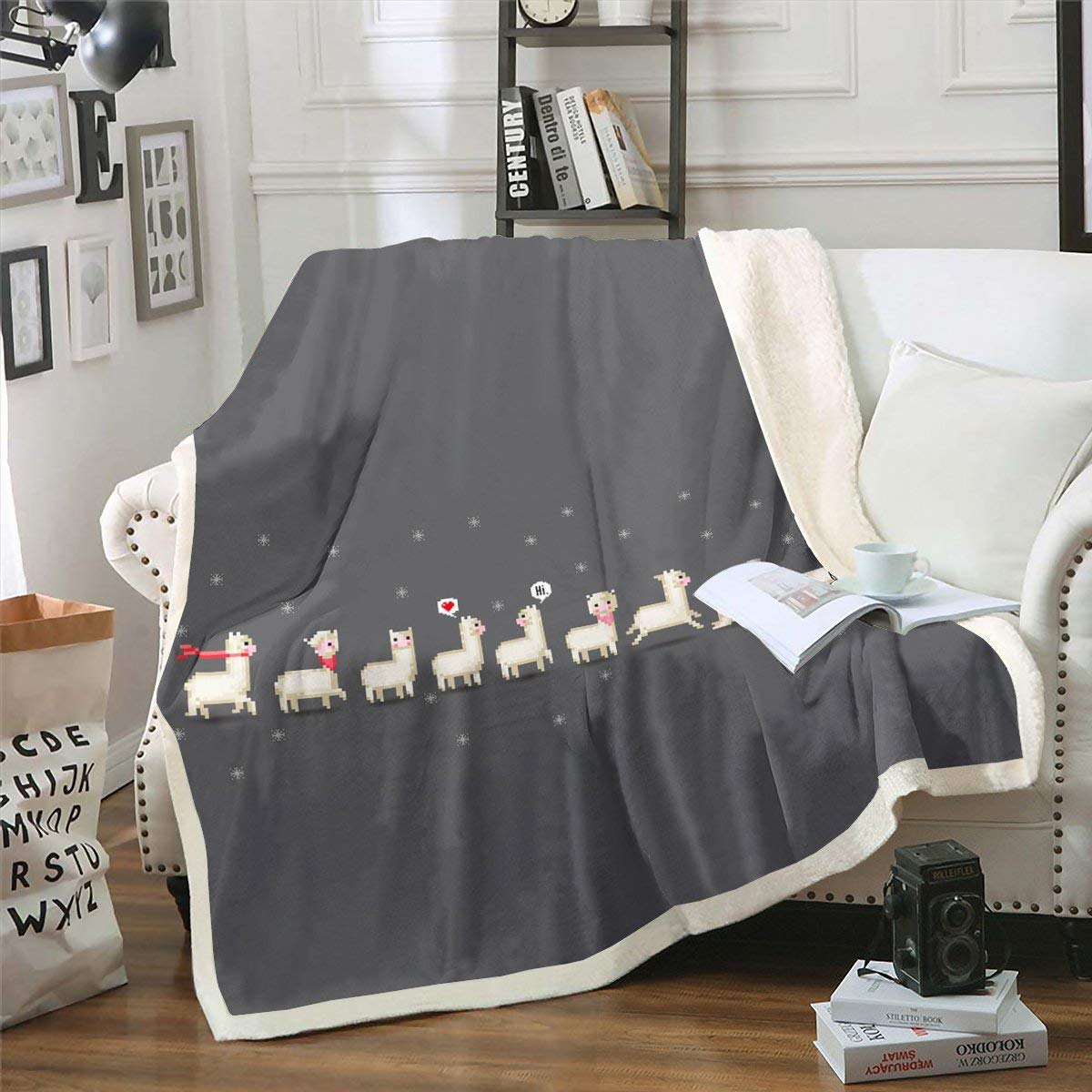 Cute Cartoon Llama Alpaca Fleece Throw Blanket - Soft Sherpa Plush Blanket for Couch, Bed & Sofa - Gray Fuzzy Animal Theme Blanket (90