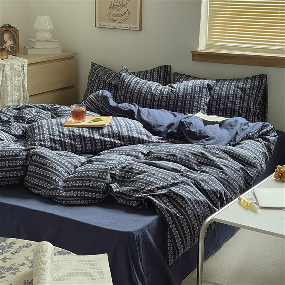 4-Piece Jacquard Bedding Set Queen Size - Ultra Soft 100% Washed Cotton Floral Duvet Cover, Fitted Sheet, Flat Sheet & Pillowcases - Navy Blue Woven Design - Perfect for Master Bedroom, Guest Room & Cozy Home Decor