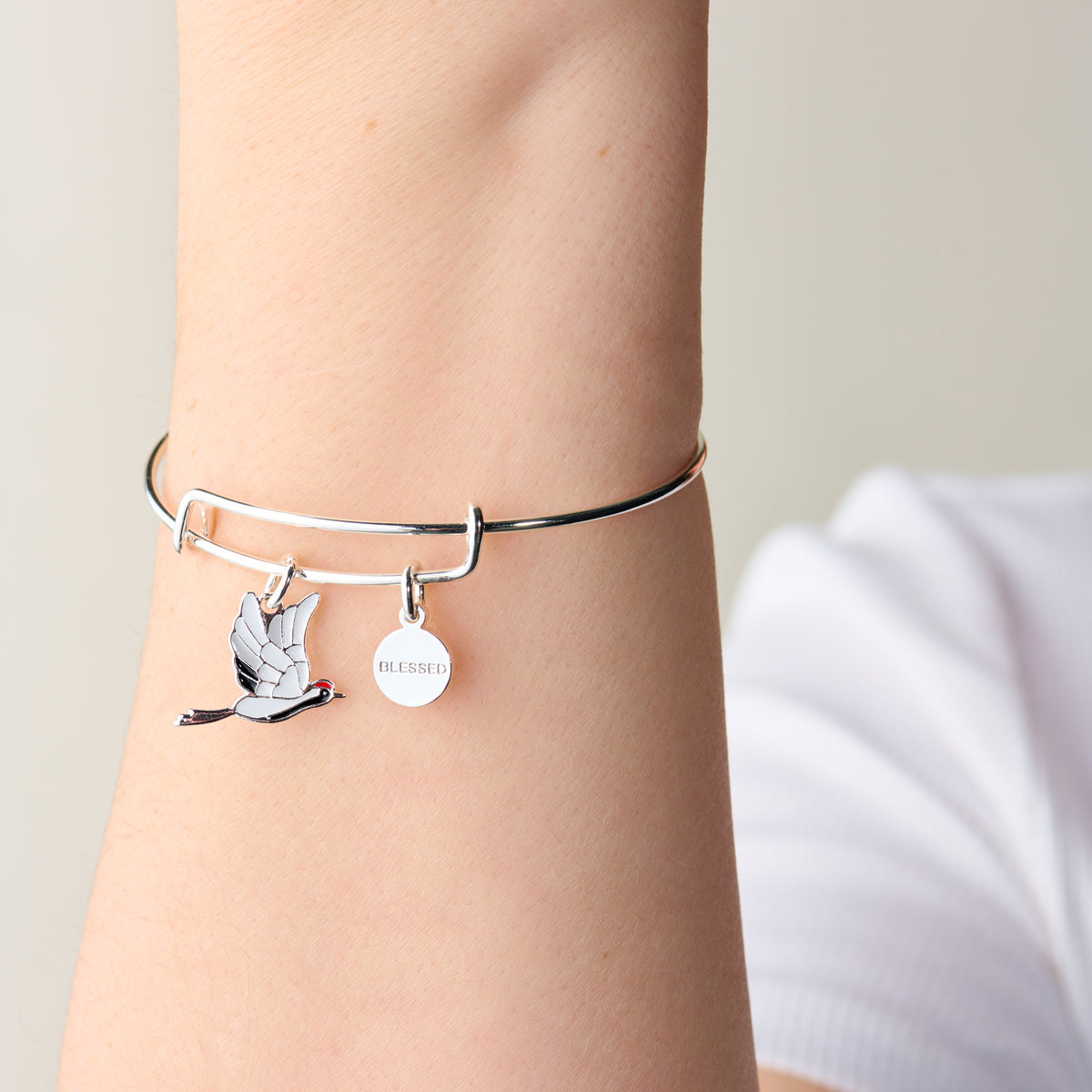 Blessed Crane Duo Charm Bangle Bracelet - Elegant Japanese-Inspired Jewelry for Women - Perfect for Gifts, Weddings & Special Occasions