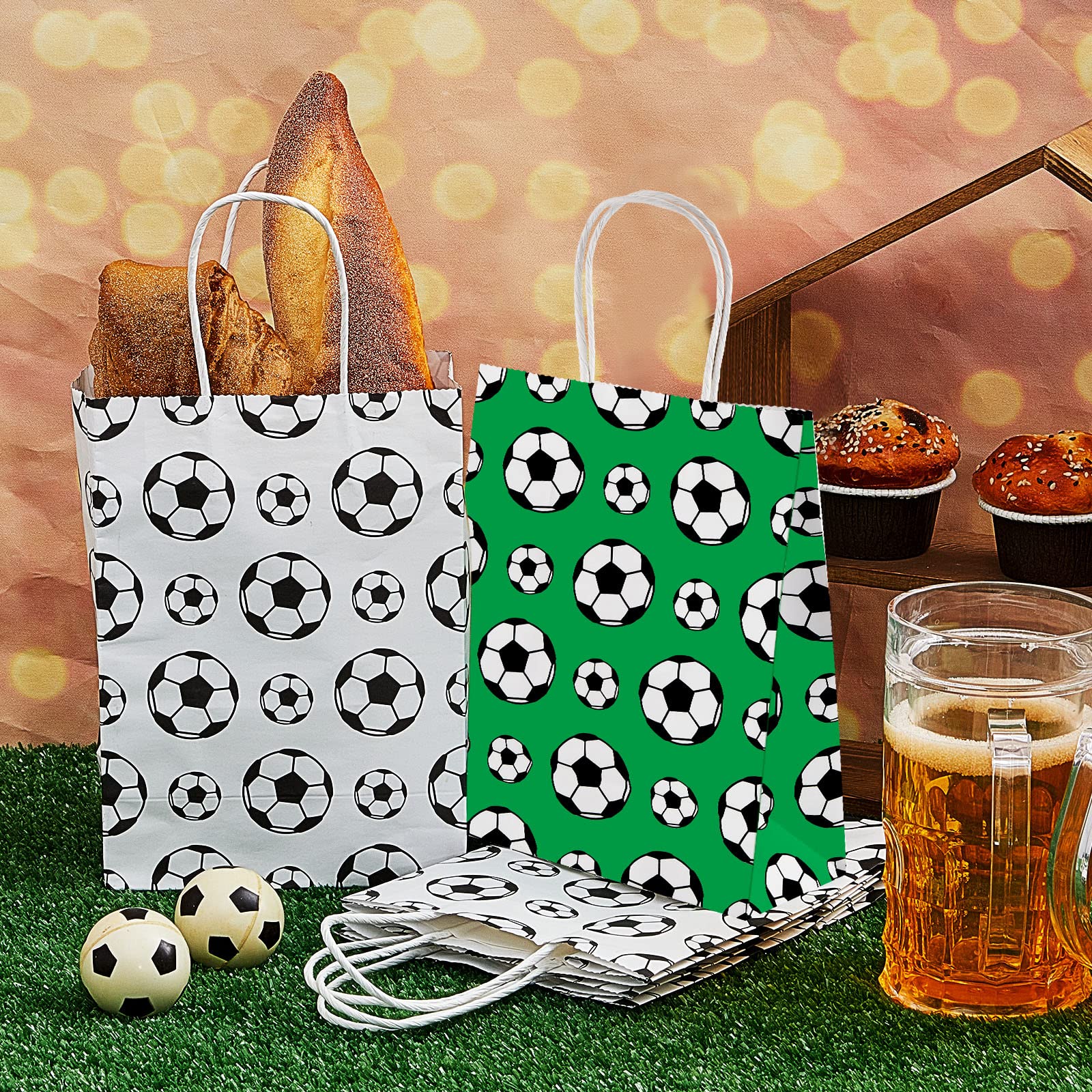 Gersoniel 24-Piece Soccer Party Favor Bags - Soccer-Themed Goody & Candy Bags with Handles for Kids Birthday Parties - 2 Styles - Perfect for Birthday Decorations, Team Celebrations & Sports-Themed Events