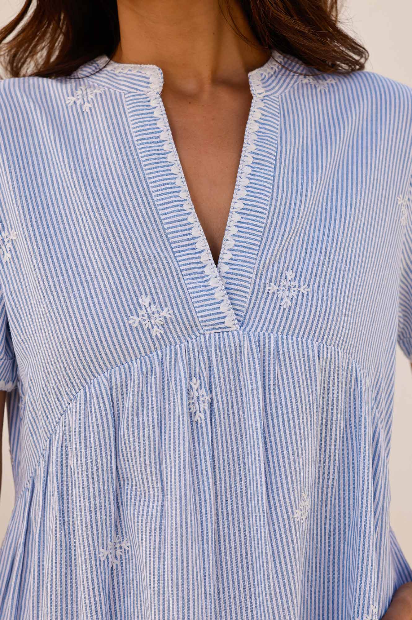 India Embroidered Organic Cotton Dress | Stripe Blue/White | Boho Chic Summer Dress for Women | Perfect for Beach Vacations & Casual Outings
