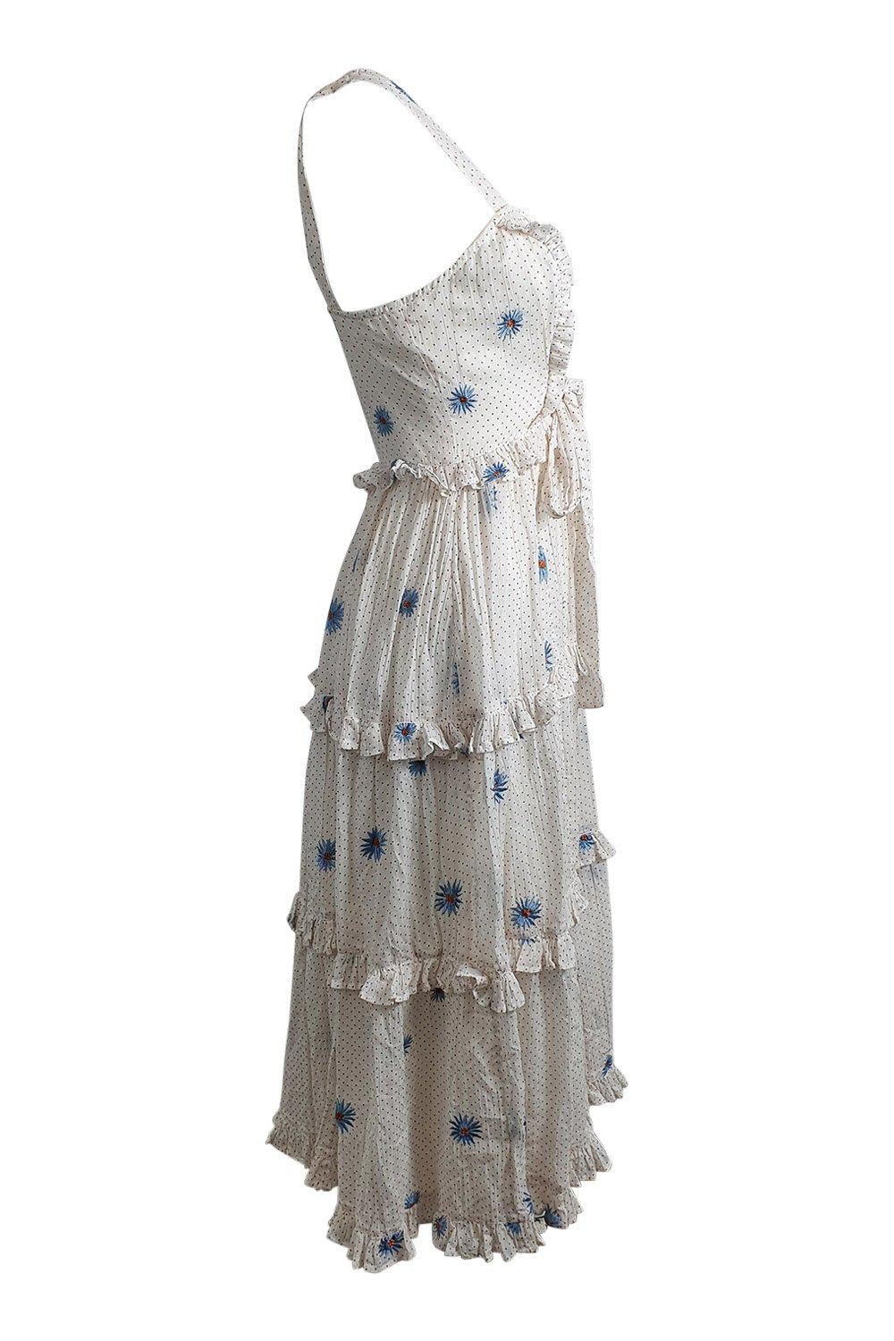 FREE PEOPLE White Polka Dot Floral Boho Daisy Chain Midi Dress for Women - XS Size, Perfect for Summer Beach Vacations, Music Festivals & Boho Chic Outfits