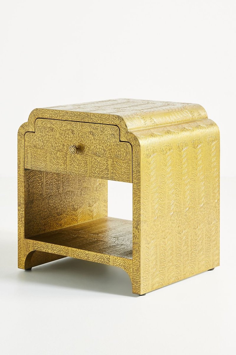 Hand Embossed Lotus Nightstand - Brass Golden Metal Bedside Table with Indian Carvings | Vintage Bedroom Furniture for Master Bedroom, Guest Room & Meditation Space
