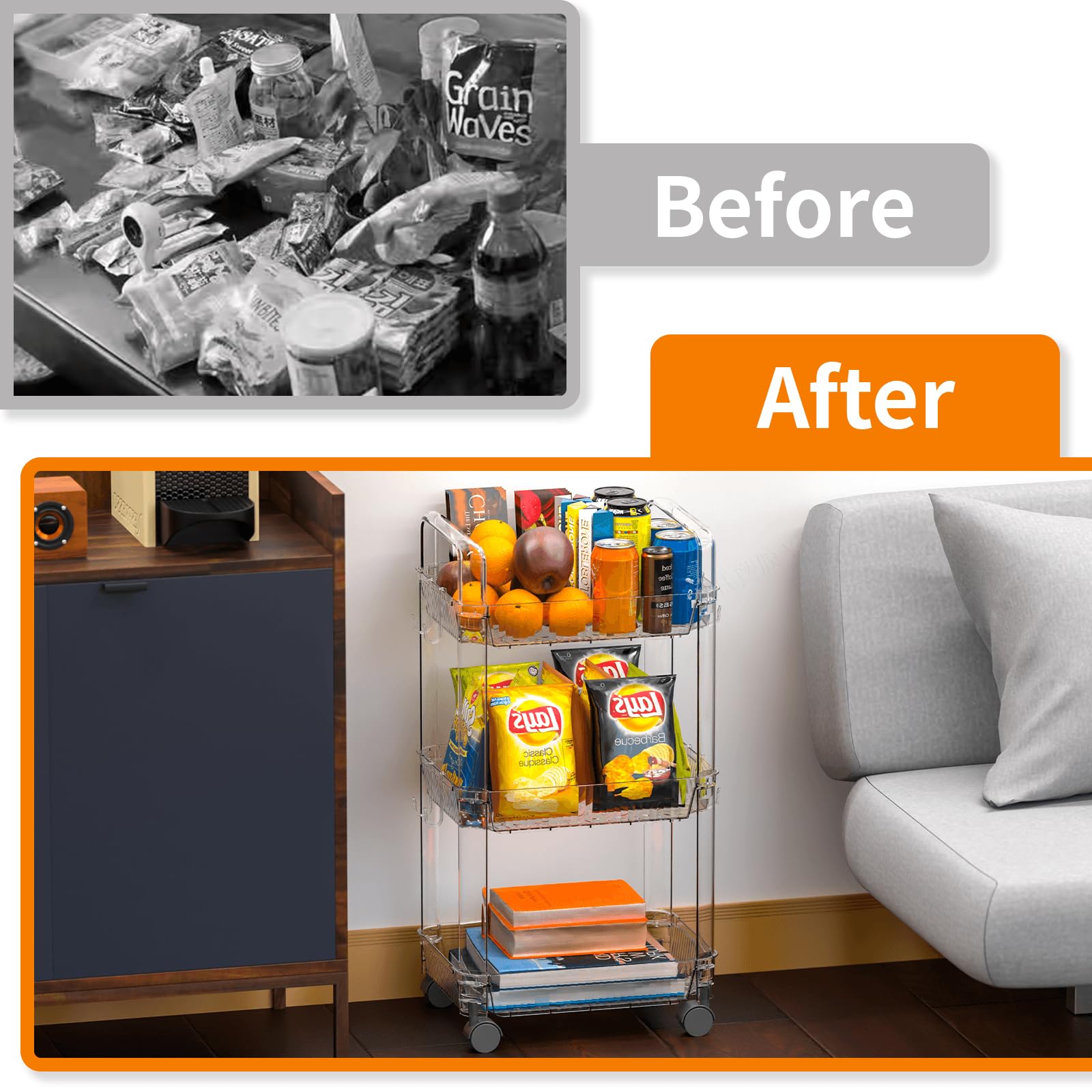 5-Tier Rolling Cart with Wheels - Clear Acrylic Utility Storage Cart for Dorm Room, Bathroom, Kitchen, Art Supplies & Diaper Organization | Mobile Storage Solution for Small Spaces & Home Organization