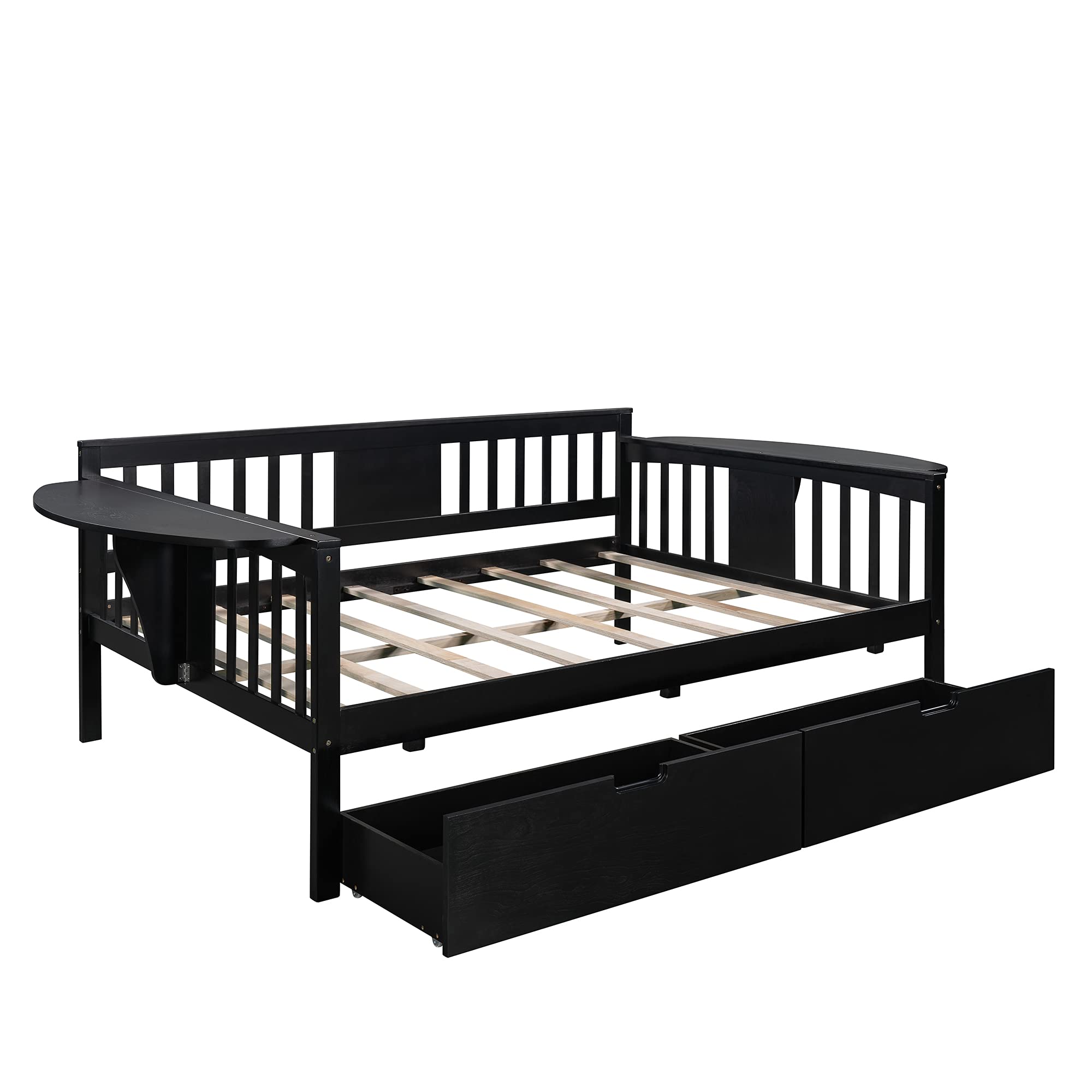 Full Size Solid Wood Daybed with 2 Storage Drawers & Side Table - No Box Spring Needed, Slat Support, Easy Assembly - Convertible Sofa Bed for Bedroom, Guest Room or Living Room (Espresso Finish) - Perfect for Small Spaces, Sleepovers & Multi-Functional Furniture Needs