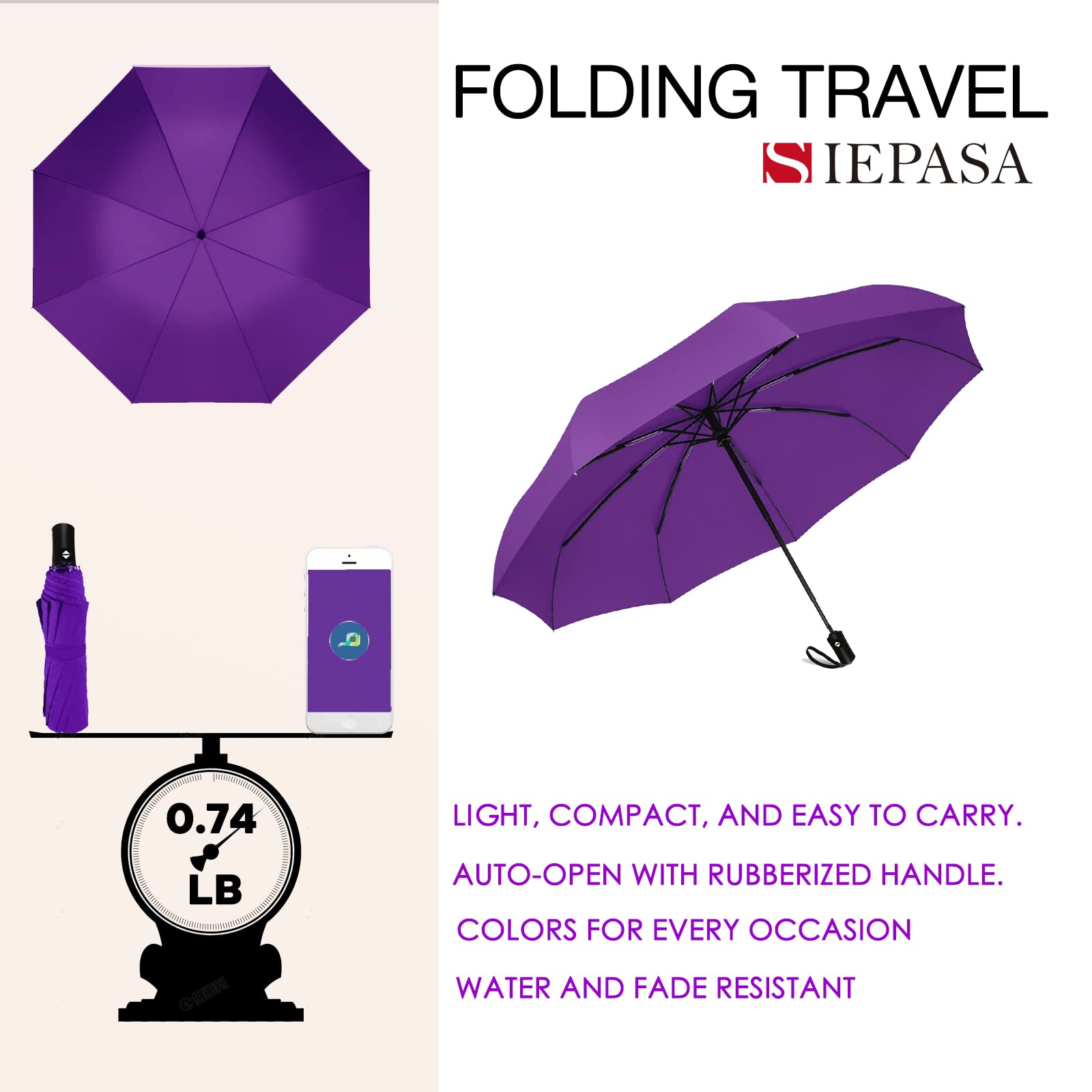 SIEPASA Windproof Travel Compact Umbrella - Automatic Open Close Umbrella for Rain - Portable Folding Umbrella for Men, Women & Teens - Lightweight & Strong Frame - Perfect for Commuting, Travel & Outdoor Activities (Purple)