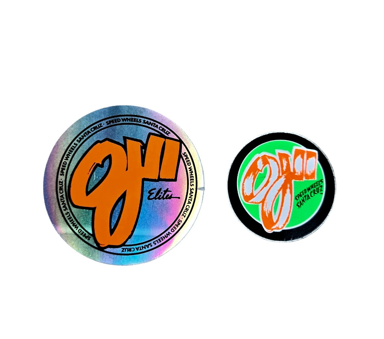 Vintage 80s Santa Cruz OJ II Speed Wheels Sticker Set of 2 - Silver Foil & Neon Green - Perfect for Skateboards, Laptops, and Water Bottles