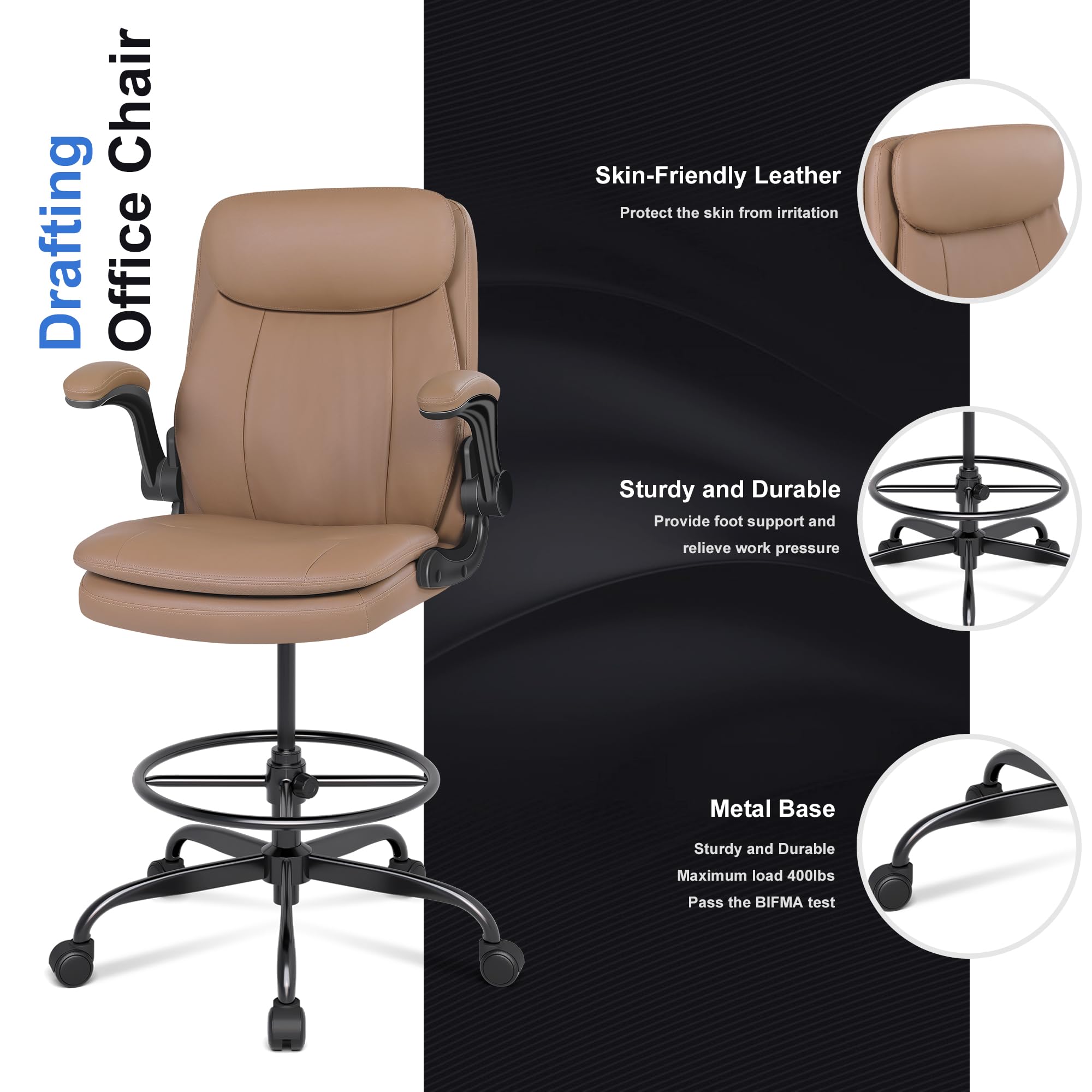 Premium Misolant Leather Drafting Chair - Adjustable Height Executive Office Chair with Flip-Up Armrests for Standing & Counter Height Desks - Ergonomic Design for Architects, Artists & Home Office Workspaces