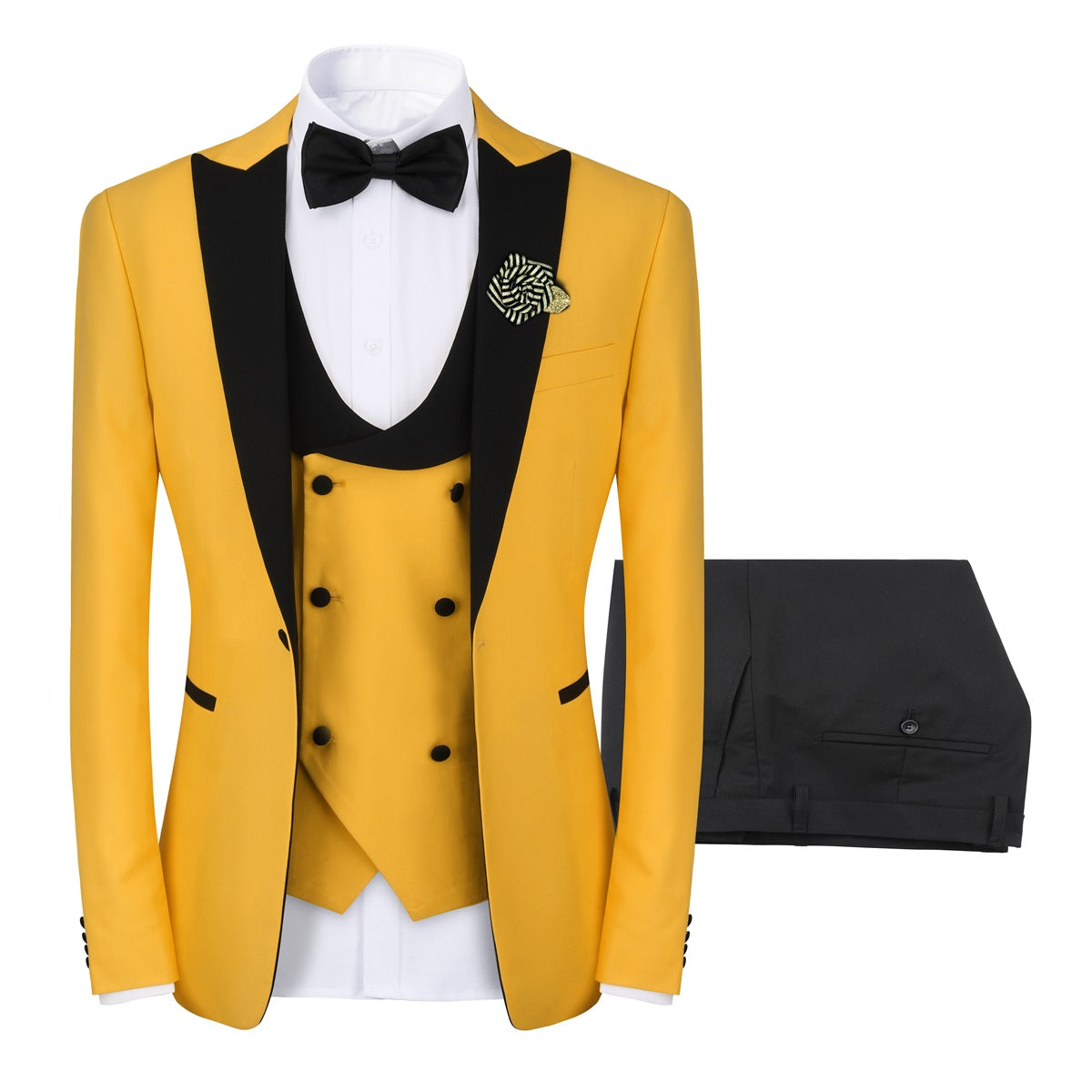 3 Piece Men's Slim Fit One Button Peaked Lapel Tuxedo Suit Set in Yellow | Formal Wedding, Prom & Business Attire | Perfect for Groomsmen, Evening Events & Special Occasions
