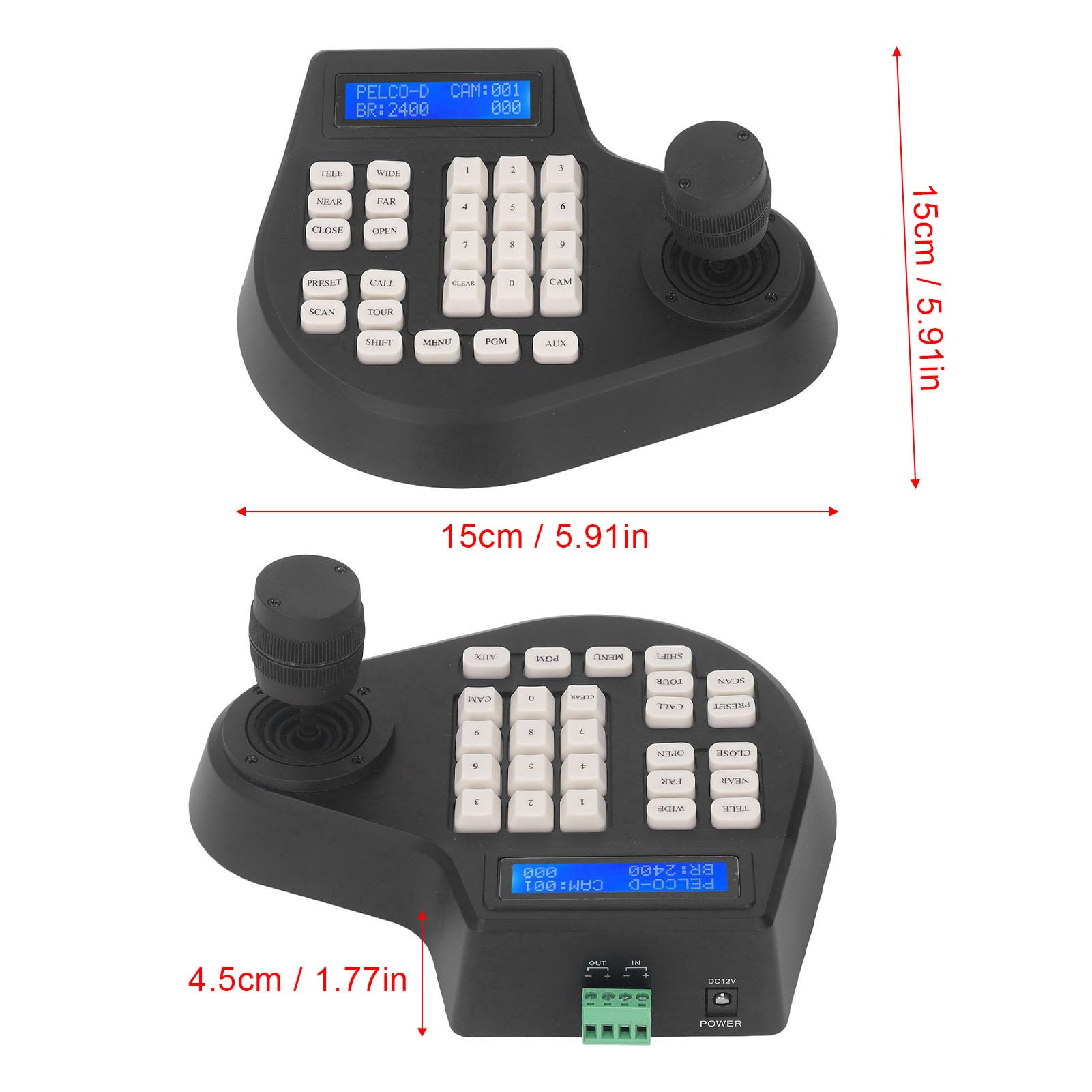 PTZ Camera Controller Keyboard with LCD Display - 100-240V ABS Dome Camera Controller, 4D Joystick for Surveillance Systems - Compatible with Standard Protocols (US Plug) - Ideal for Security Monitoring, Live Streaming & Conference Room Setup