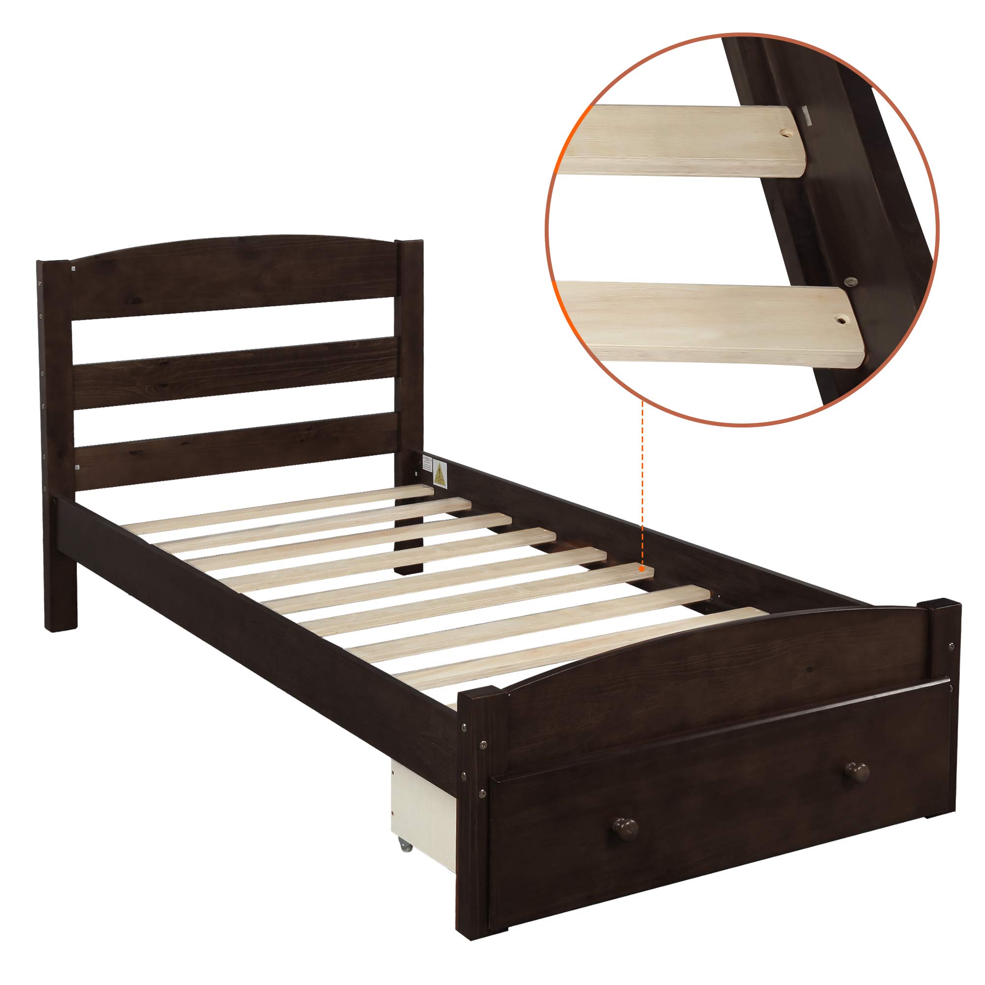 Polibi Twin Size Wooden Platform Bed Frame with Storage Drawer & Wood Slat Support - No Box Spring Needed, Espresso Finish - Perfect for Small Bedrooms, Guest Rooms & Kids' Rooms