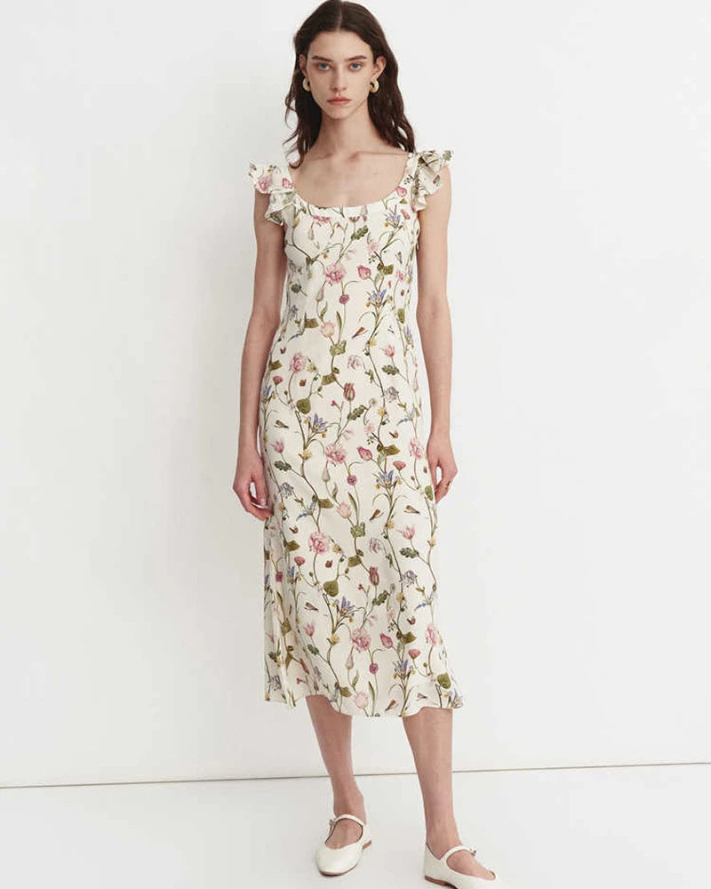 Floral Ruffle Shoulder Silk Dress - Elegant Women's Summer Party Cocktail Dress for Weddings, Dinners & Special Occasions