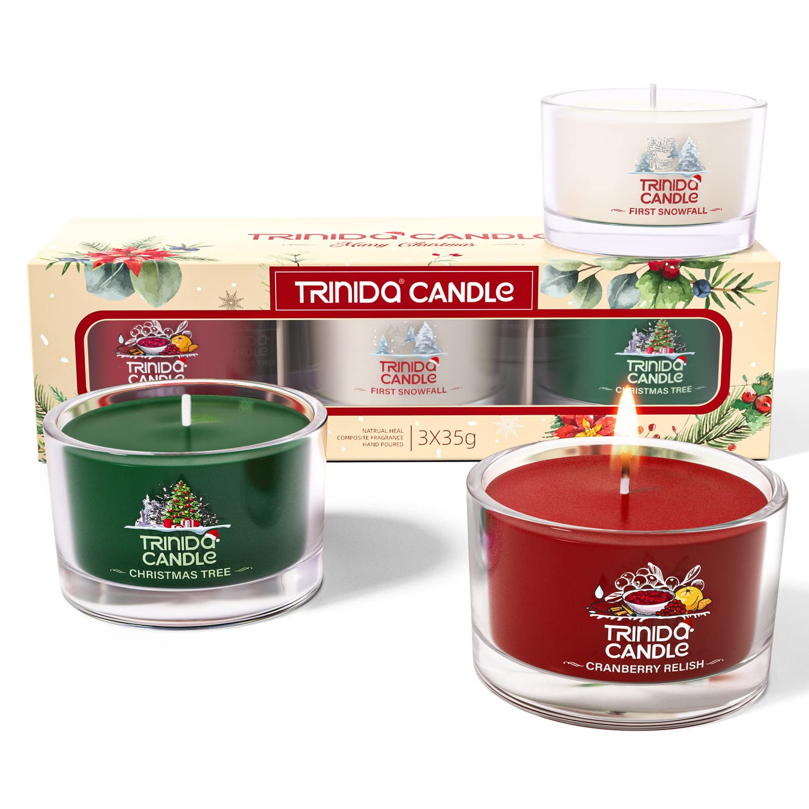 TRINIDa Christmas Candles Set - 3 Pack Scented Candles in Glass Jars with Verbena & Cranberry Apple & Sandalwood Juniper Fragrances | Holiday Home Decor, Festive Ambiance, Cozy Fall Atmosphere