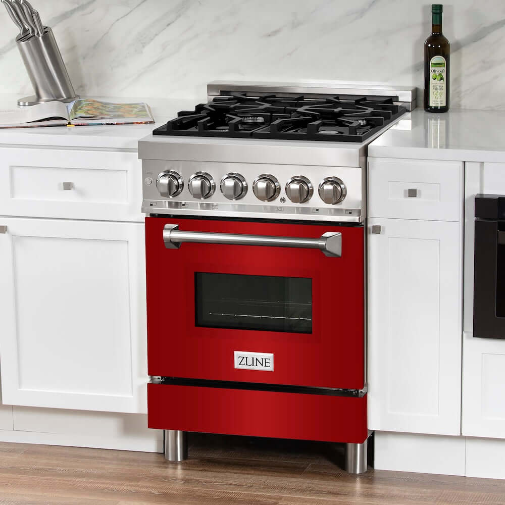 ZLINE 24 Inch 2.8 Cu. Ft. Dual Fuel Range - Stainless Steel with Red Gloss Door, 4 Burner Gas Cooktop & Electric Convection Oven - Perfect for Modern Kitchens & Professional Cooking (RA RG 24)