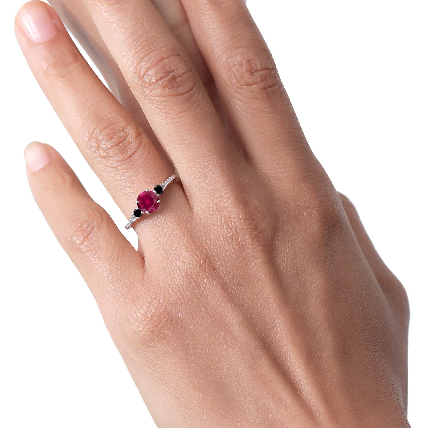 10K White Gold Red Created Ruby & Black Diamond 3-Stone Engagement Ring for Women | 1.18 CTTW | Wedding Anniversary Jewelry Gift | Perfect for Proposals, Bridal Sets & Special Occasions