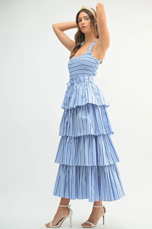 Spring Pin Stripe Layered Midi Summer Dress for Women - Floral Print Casual Sundress for Beach, Vacation & Outdoor Parties