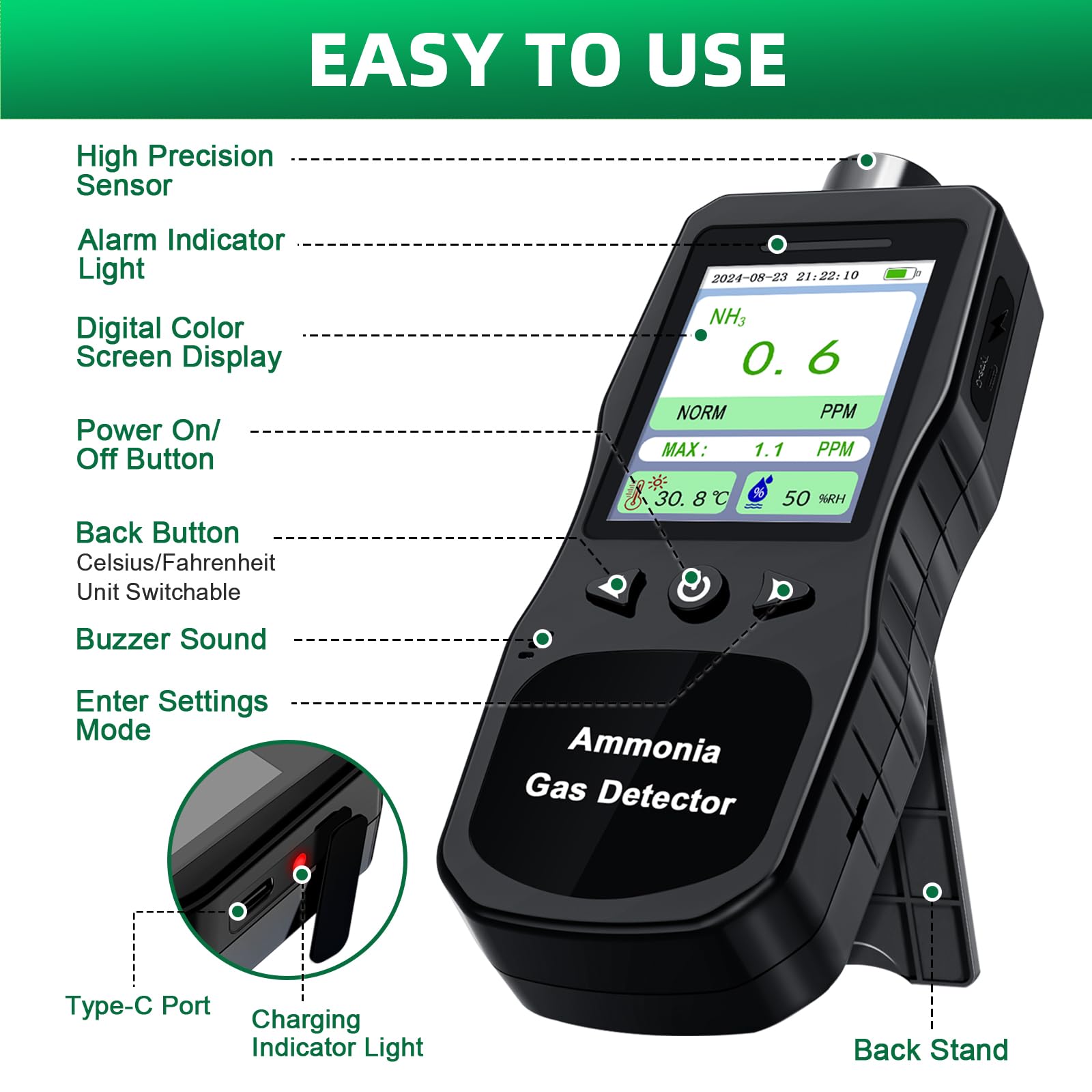Portable Ammonia Gas Detector 0-200 PPM - Rechargeable Digital NH3 Gas Monitor with Temperature & Humidity Sensor - Ideal for Farms, Poultry Houses, Pig Stables & Livestock Barns - Indoor Air Quality Tester for Agriculture & Animal Husbandry
