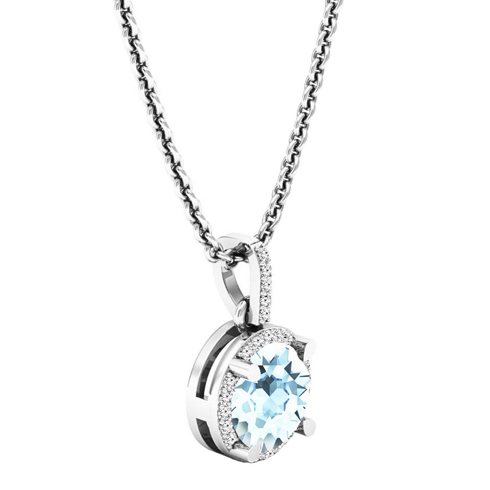 6.5mm Round Gemstone & White Diamond Women's Halo Pendant Necklace - 10K Solid White Gold with Silver Chain | Elegant Jewelry Gift for Anniversary, Birthday & Special Occasions