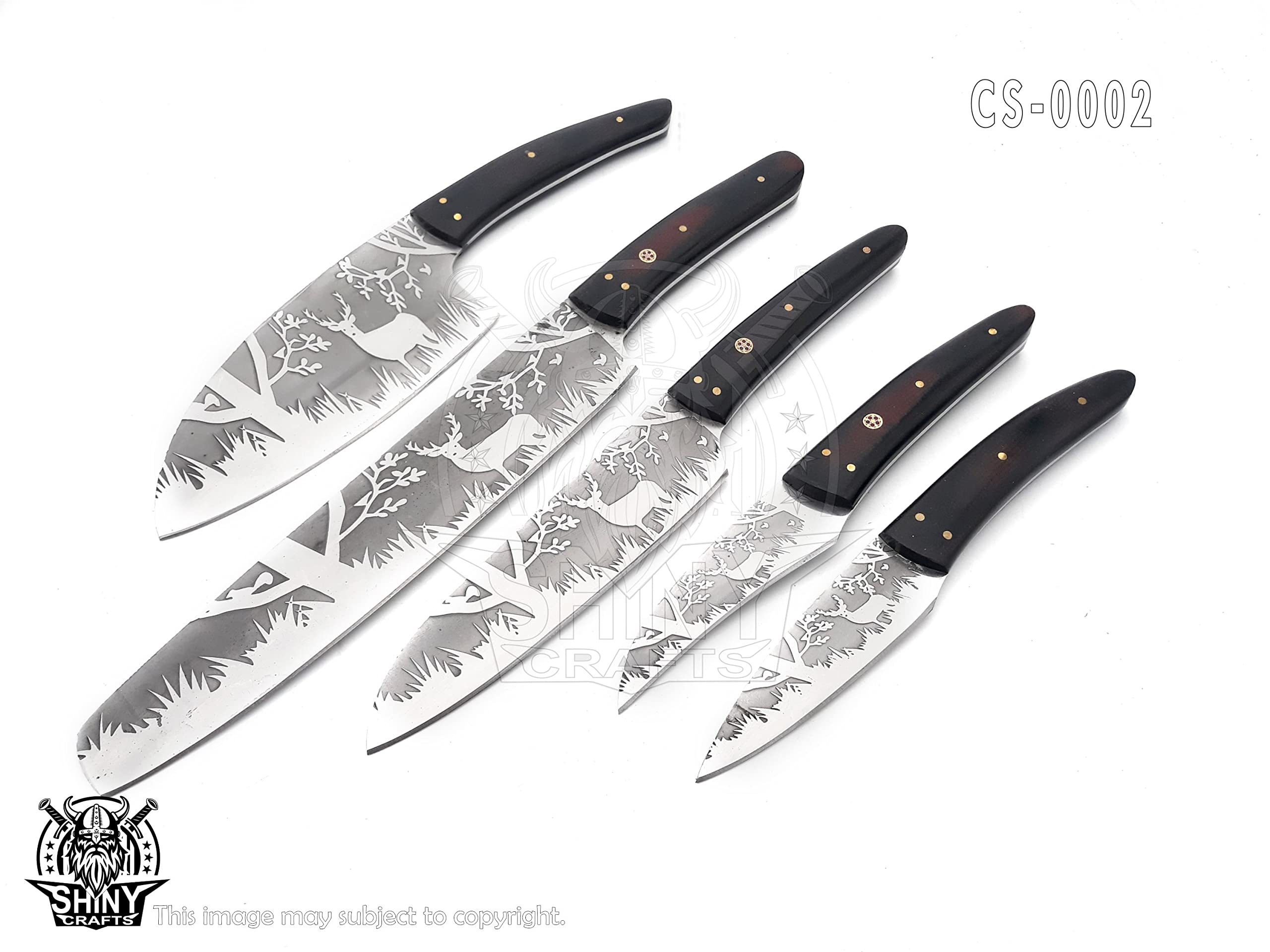 Premium Handmade Etched Forest Kitchen Knife Set - D2 Steel Blade, Wood Handle, Leather Pouch Roll - High Tempered Razor-Sharp Chef Knives for Professional Cooking & Outdoor Camping (CS-02)