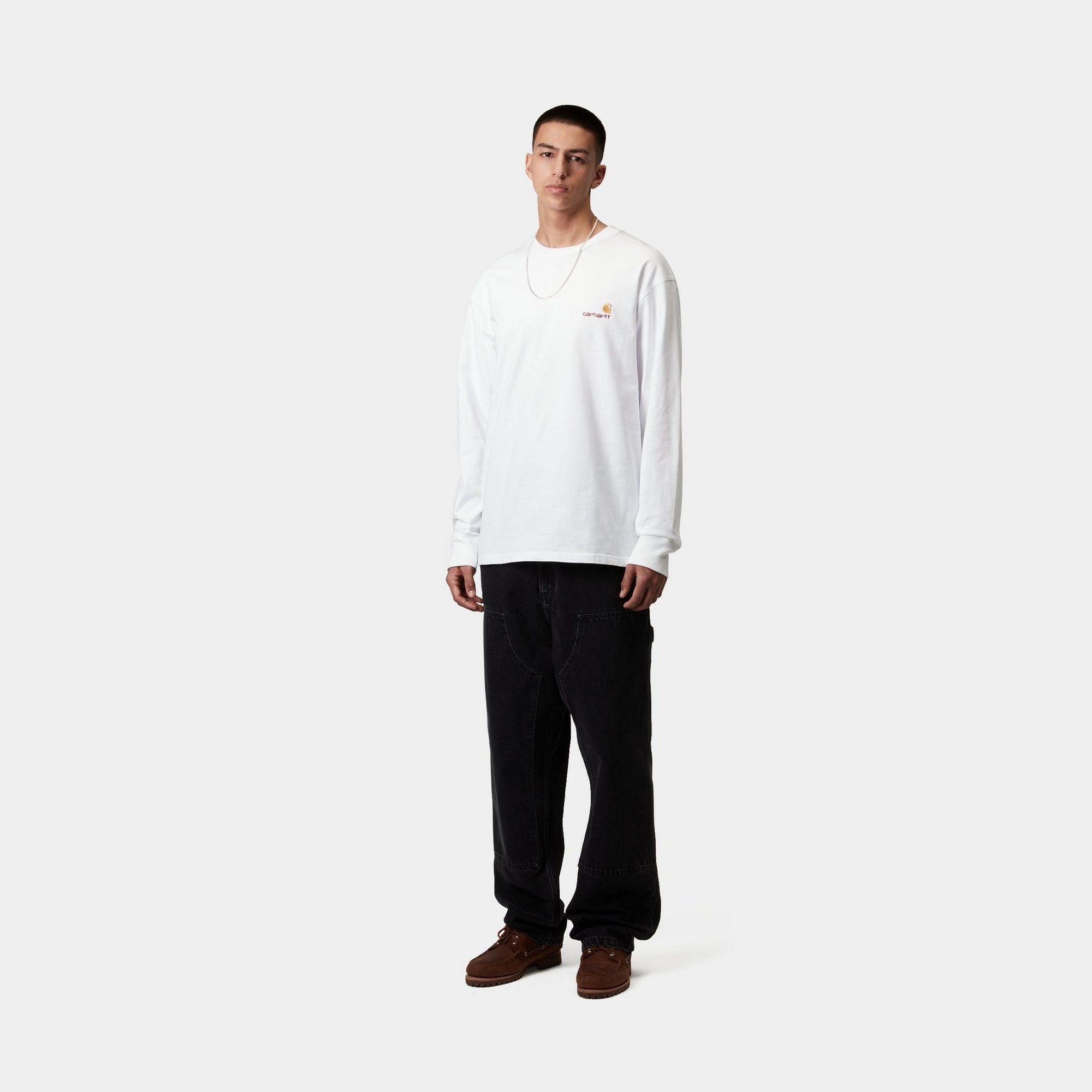 Vintage American Script Long Sleeve T-Shirt for Men & Women | Soft Cotton White Crewneck Tee | Casual Wear, Street Style, Layering Essential