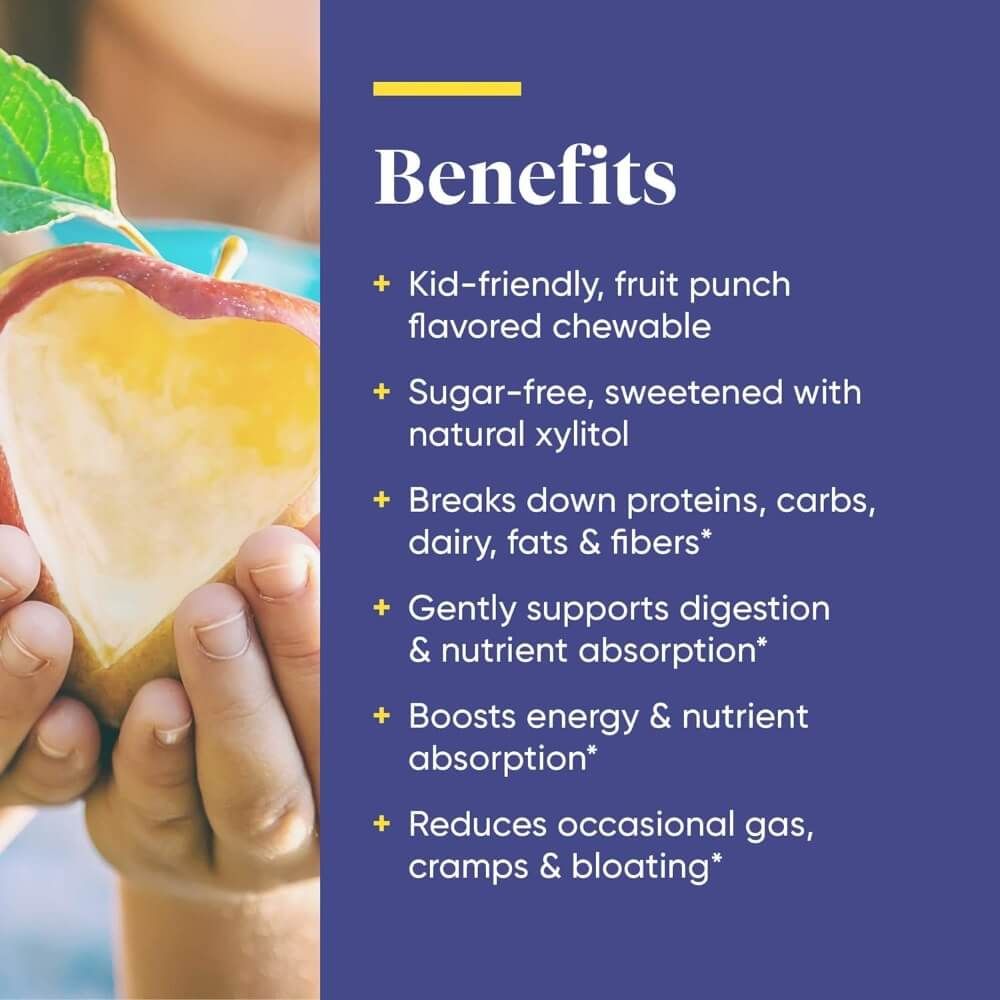Enzymedica Kids Digest Chewable Fruit Punch 90 Chewables - Natural Digestive Enzymes for Kids - Supports Healthy Digestion & Nutrient Absorption - Perfect for Travel, School & After Meals