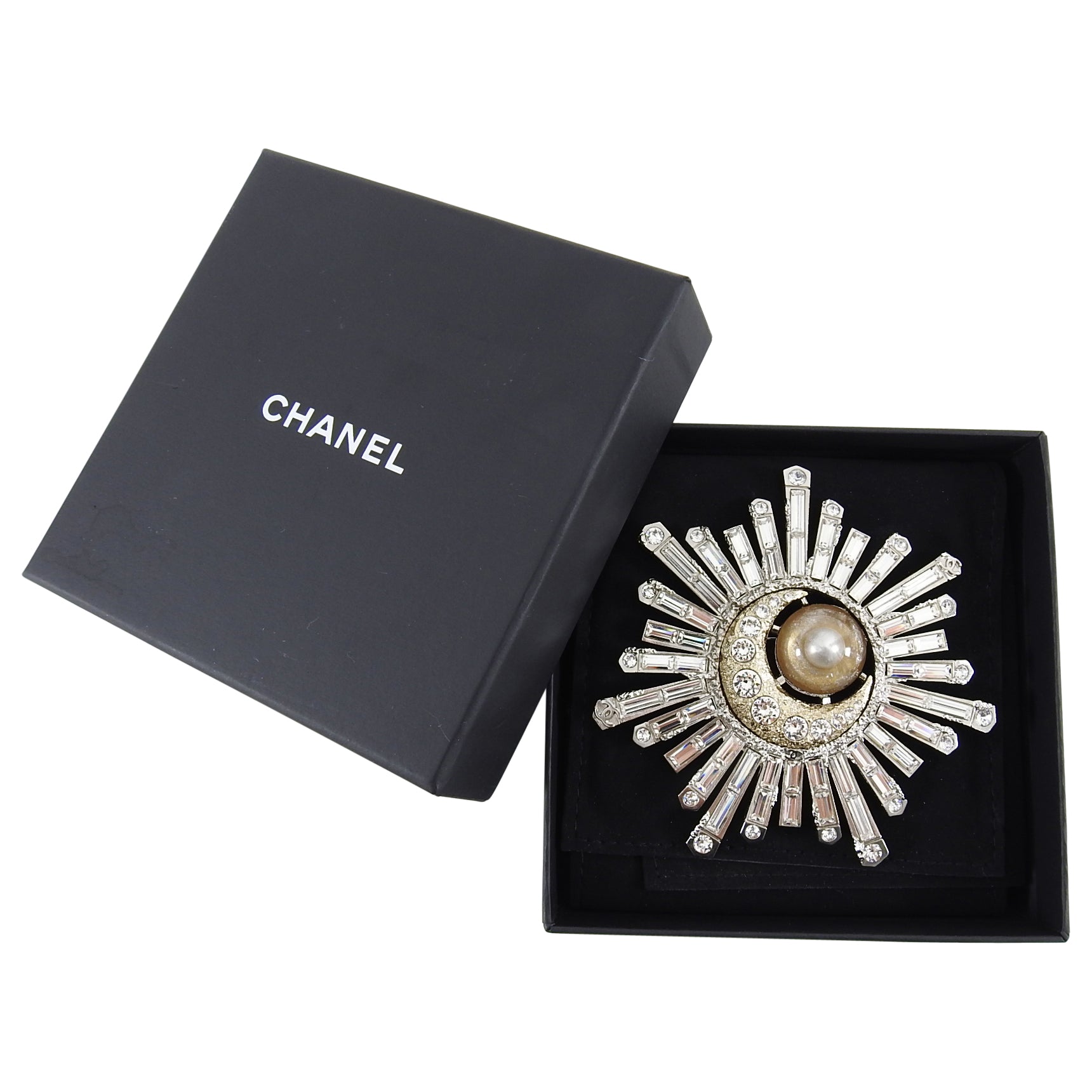 Chanel 17K Gold Large Crystal Starburst Moon Comet Statement Brooch Pin - Elegant Jewelry for Women, Perfect for Parties, Weddings & Special Occasions