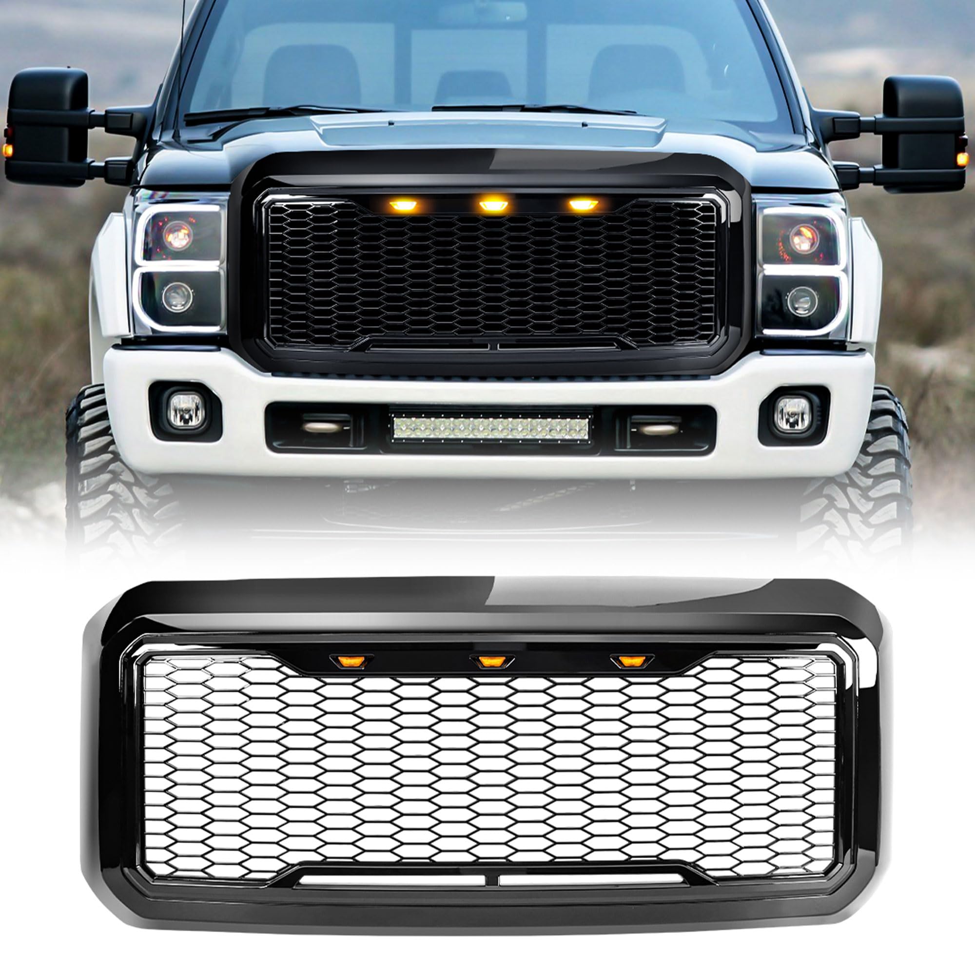 Ford F250 F350 F450 F550 Super Duty 2011-2016 Raptor Style Front Grille with Amber LED Lights - Glossy Black | Off-Road Upgrade & Truck Customization Accessory