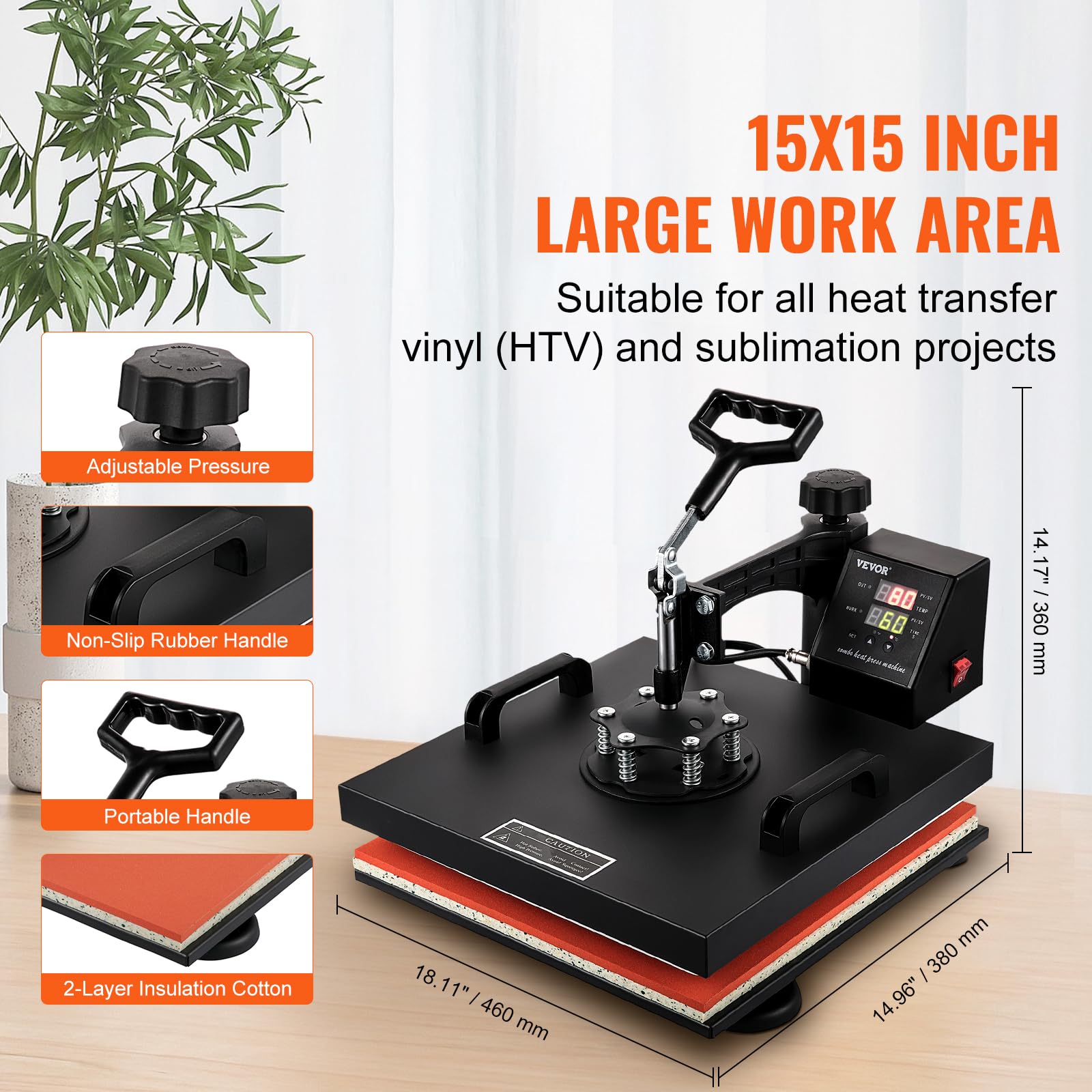 VEVOR 15x15 Inch 8-in-1 Digital Heat Press Machine with 360° Swing Away - Multifunction T-Shirt, Mug, Hat & Plate Sublimation Transfer Press for DIY Crafts, Custom Apparel & Small Business Use