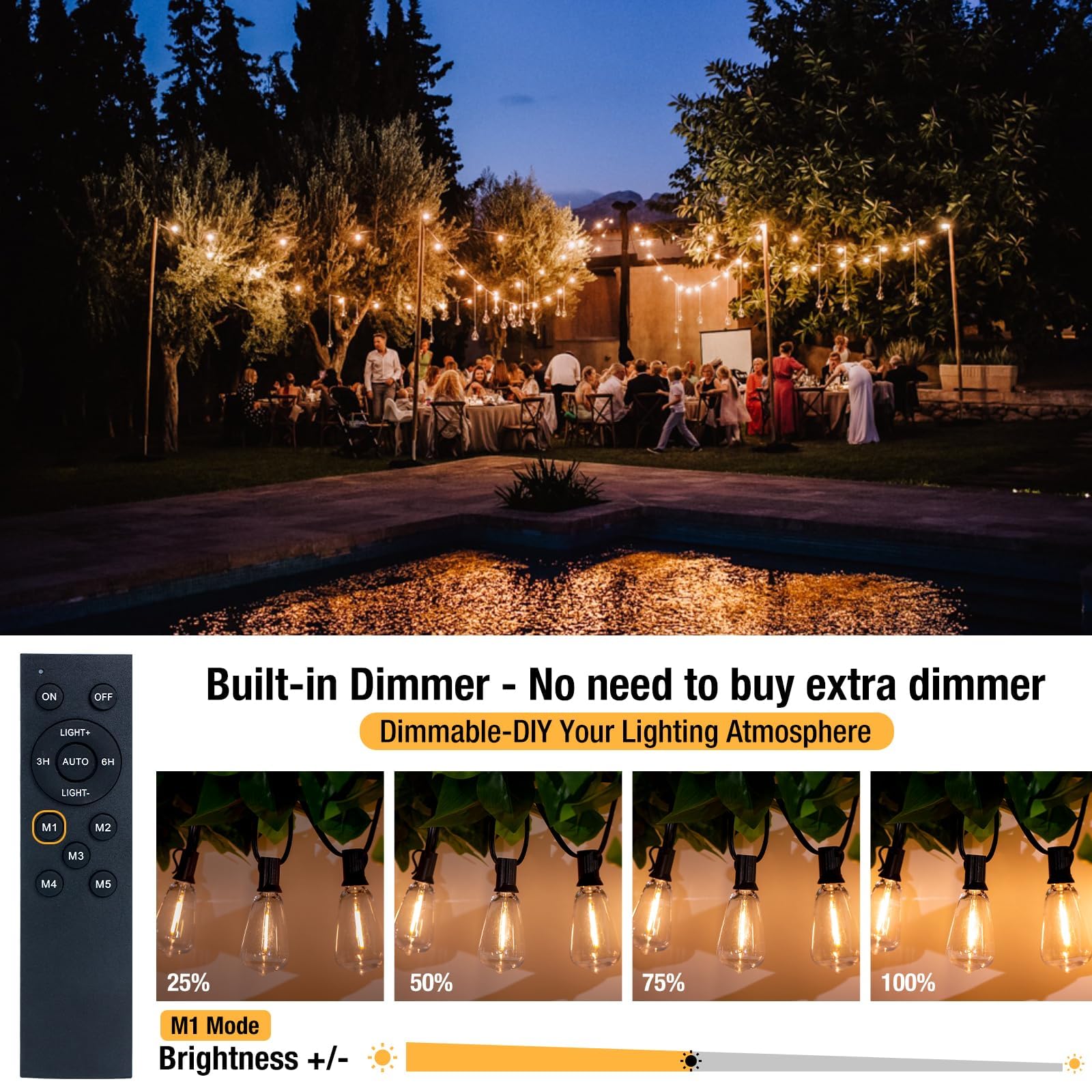 116FT Waterproof Outdoor String Lights with Shatterproof ST38 Edison Bulbs - Dimmable Patio Lights with Remote for Porch, Garden, Backyard | Perfect for Bistro, Gazebos, Fence & Outdoor Entertaining