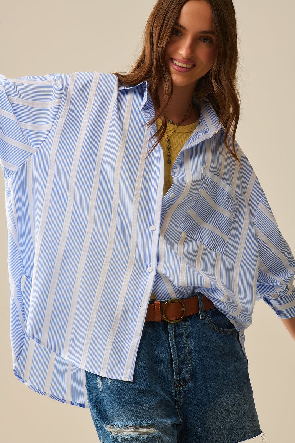 Blue and White Striped Casual Tie-Back Shirt for Women - Perfect for Summer Outings, Beach Vacations, and Casual Office Wear