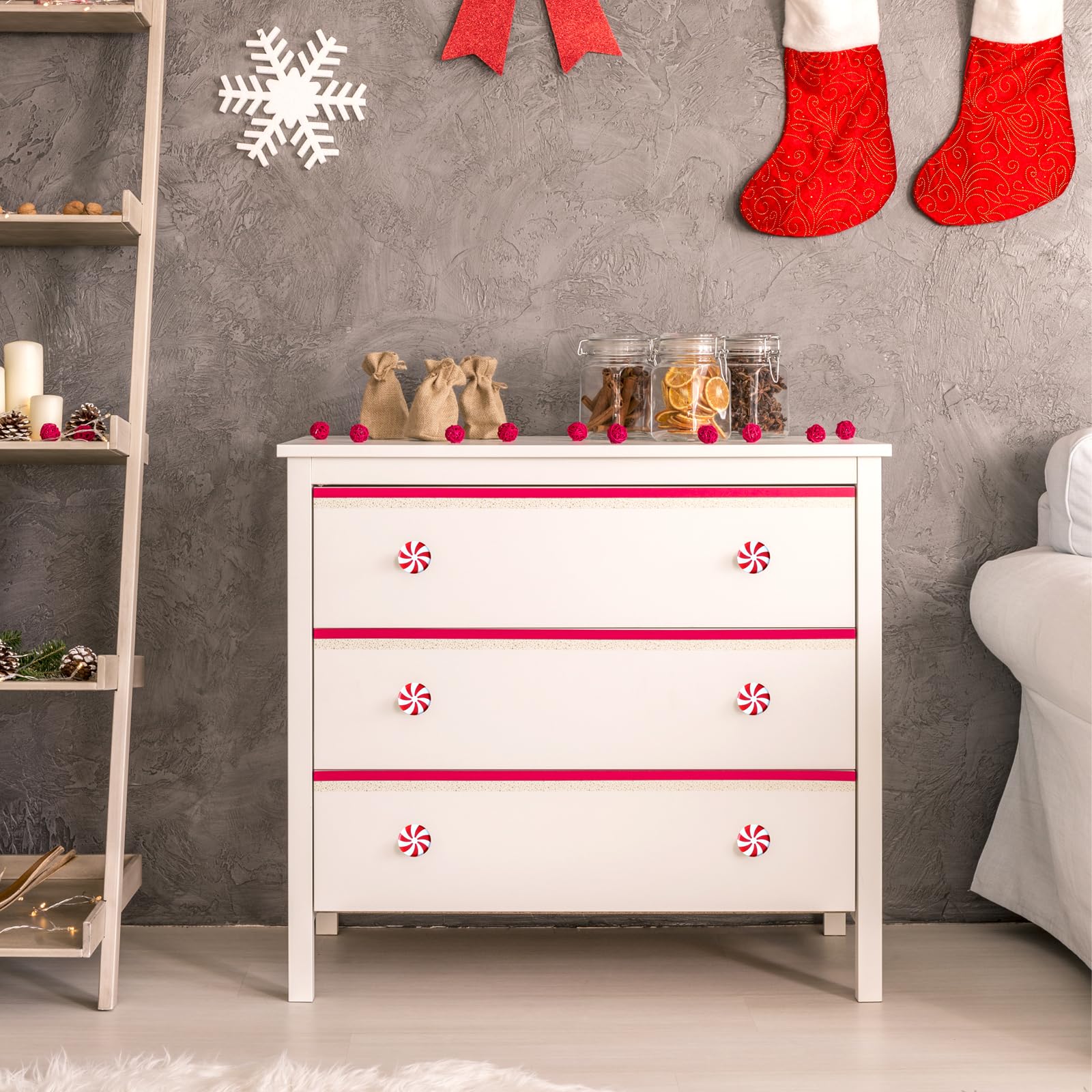FOTN Red and White Acrylic Candy Cane Cabinet Knob Covers - 24-Pack Silicone Kitchen Cabinet Handles for Christmas Decor, Child Safety, and Home Protection (7-Petal Design) - Perfect for Kitchen, Living Room, Bedroom, and Nursery Cabinets
