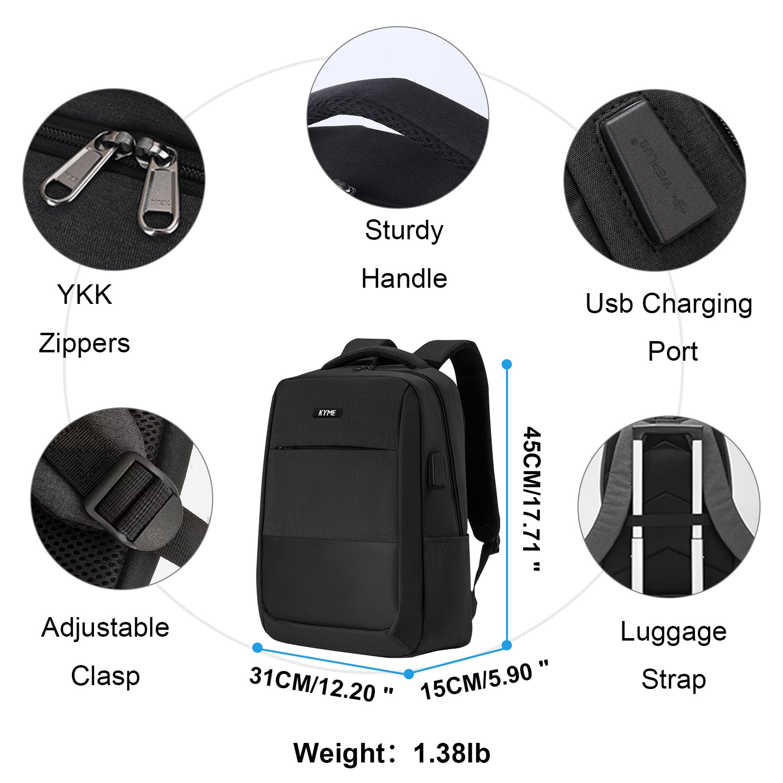 KYME Travel Backpack for Women & Men - Airline Approved Carry On Backpack with USB Charging Port & 15.6 Inch Laptop Compartment - Waterproof Casual Daypack for Business Travel, Weekend Trips & Commuting (Black)