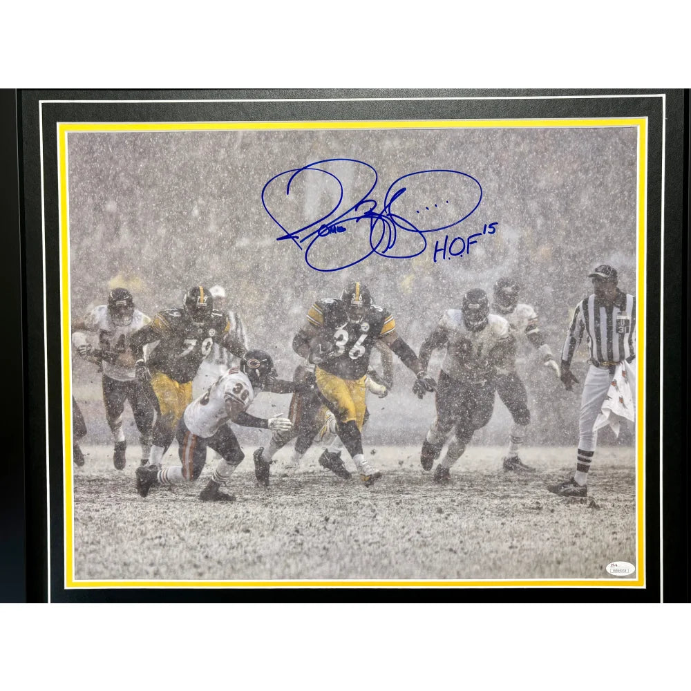 Jerome Bettis Autographed Pittsburgh Steelers 16x20 Framed Photo - Signed Snow JSA Certified - Perfect for Sports Memorabilia Collectors, Man Cave Decor, and Steelers Fan Gifts